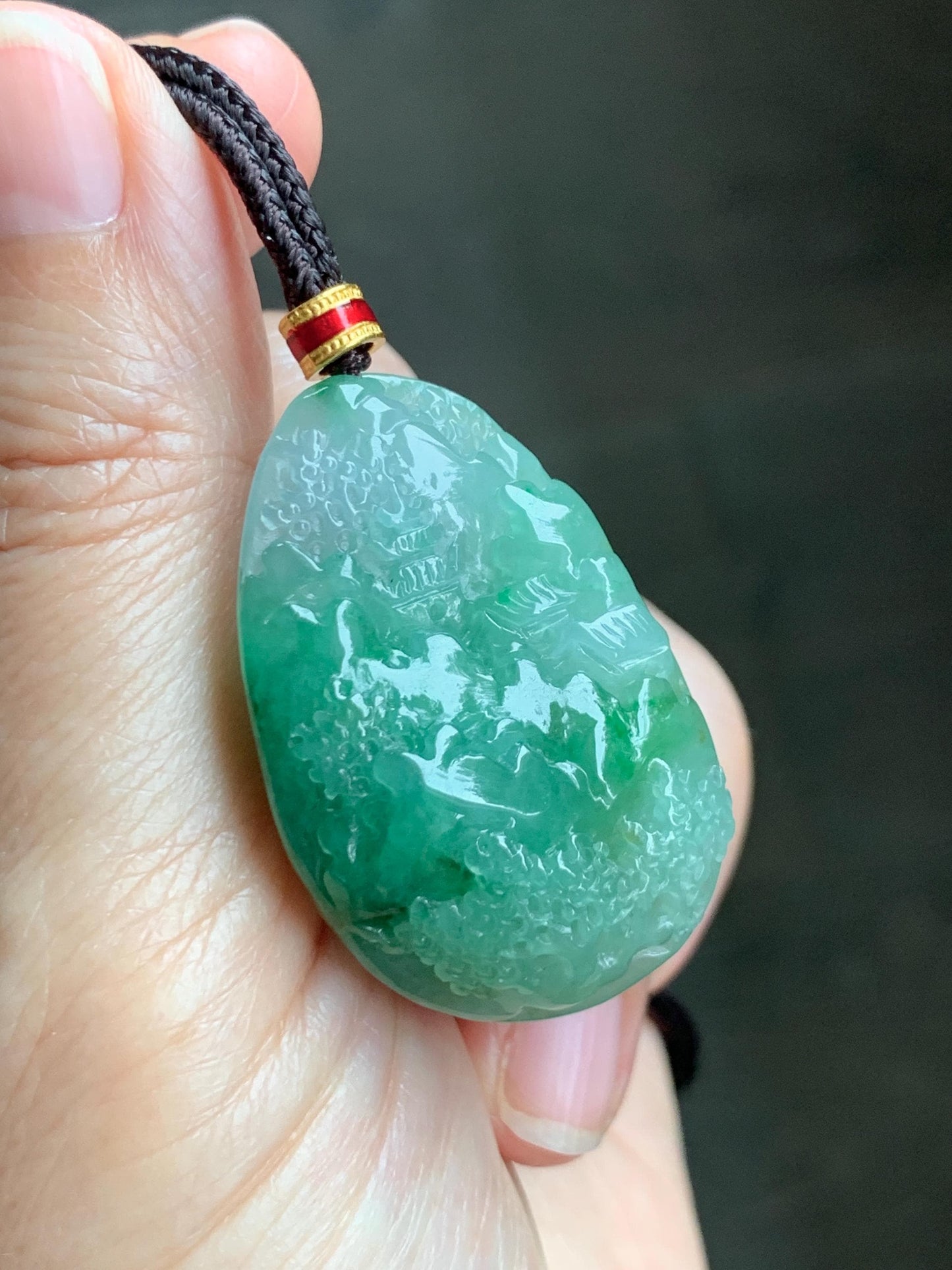 Certified Natural Grade A Icy Translucent Vibrant Green Marbled Jade Jadeite Carved Shan Shui Pendant Rope Necklace 26” 天然冰绿飘花翡翠山水吊坠 1160
