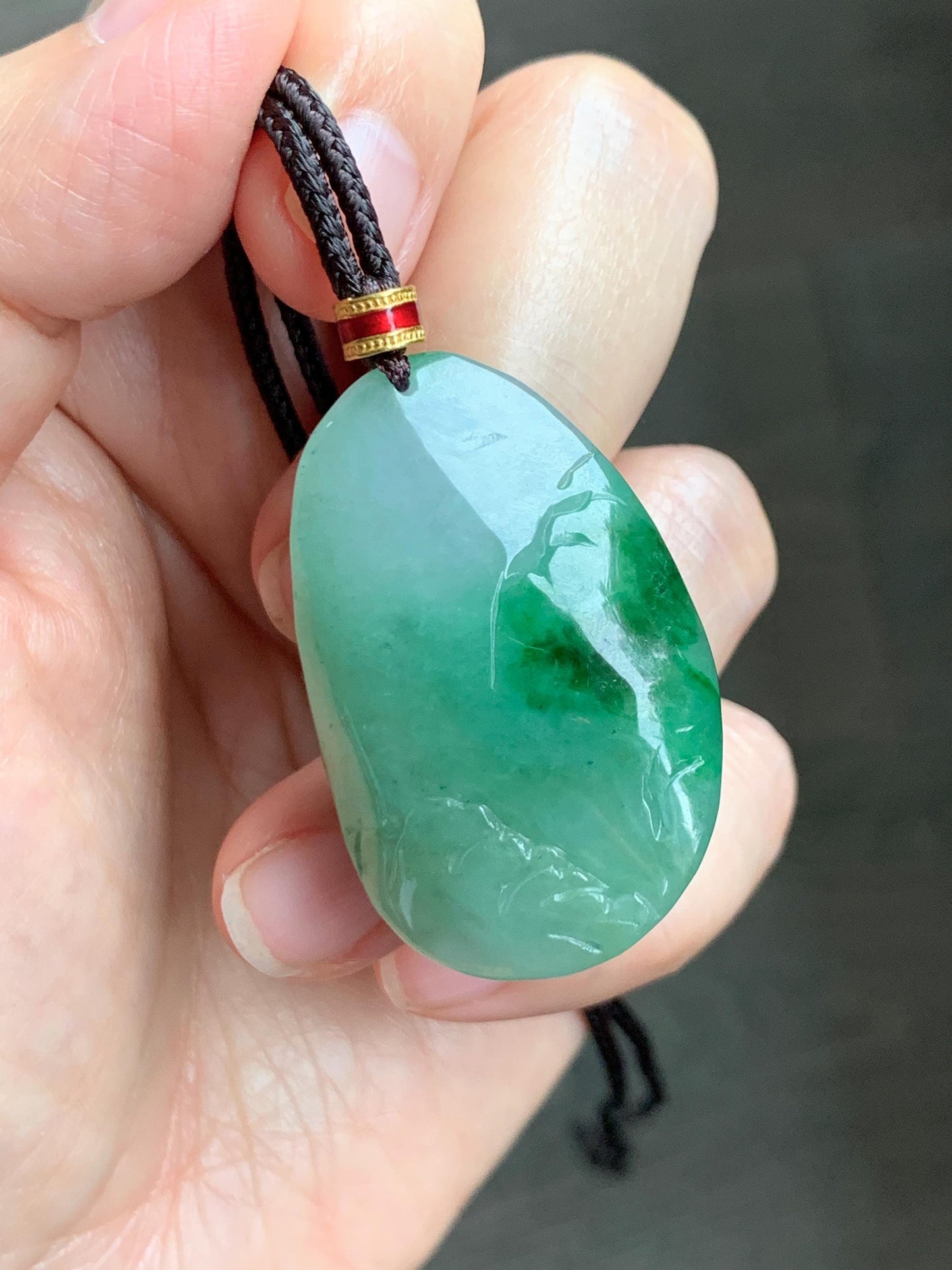 Certified Natural Grade A Icy Translucent Vibrant Green Marbled Jade Jadeite Carved Shan Shui Pendant Rope Necklace 26” 天然冰绿飘花翡翠山水吊坠 1160