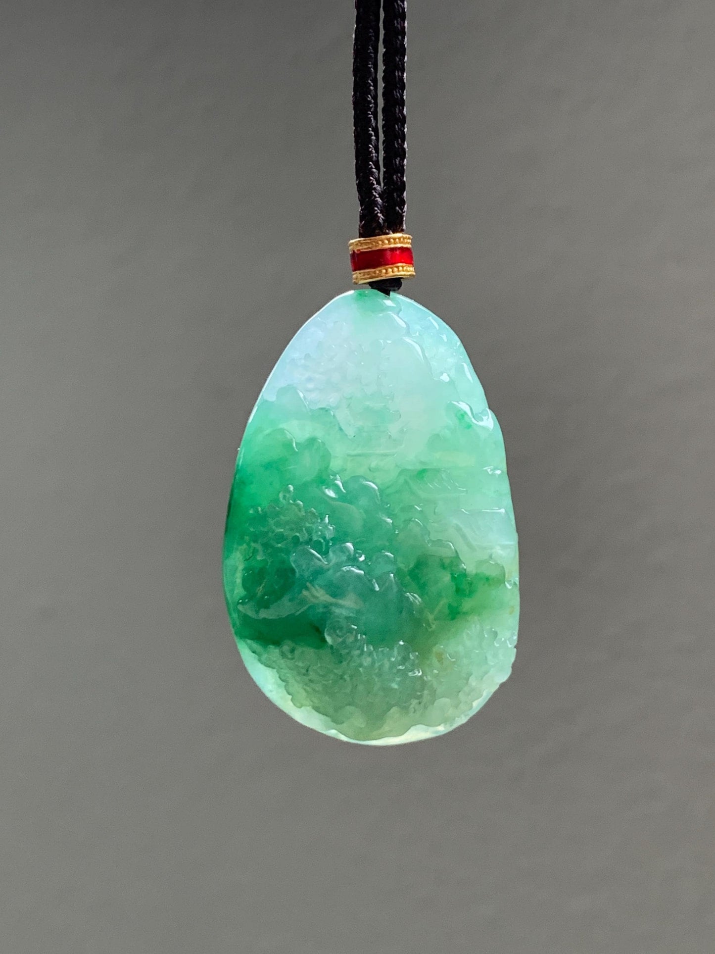 Certified Natural Grade A Icy Translucent Vibrant Green Marbled Jade Jadeite Carved Shan Shui Pendant Rope Necklace 26” 天然冰绿飘花翡翠山水吊坠 1160