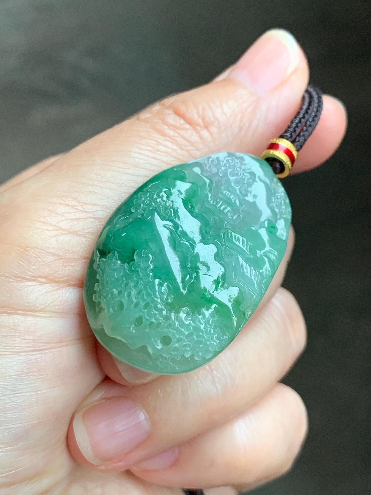 Certified Natural Grade A Icy Translucent Vibrant Green Marbled Jade Jadeite Carved Shan Shui Pendant Rope Necklace 26” 天然冰绿飘花翡翠山水吊坠 1160