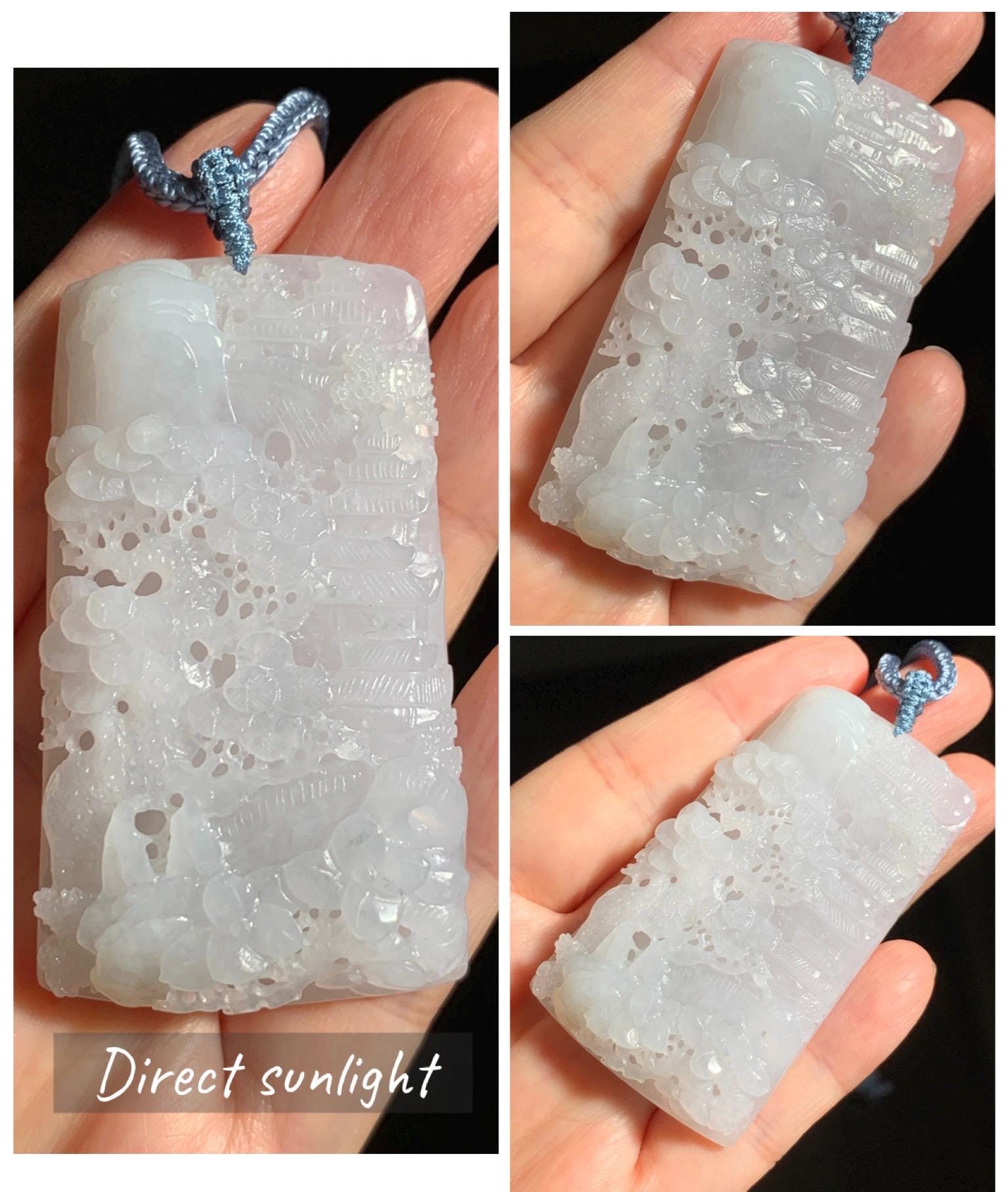Certified Natural Grade A Icy Translucent White Jade Jadeite Carved Shan Shui Large Pendant Rope Necklace 27” 天然冰透翡翠山水吊坠 1158