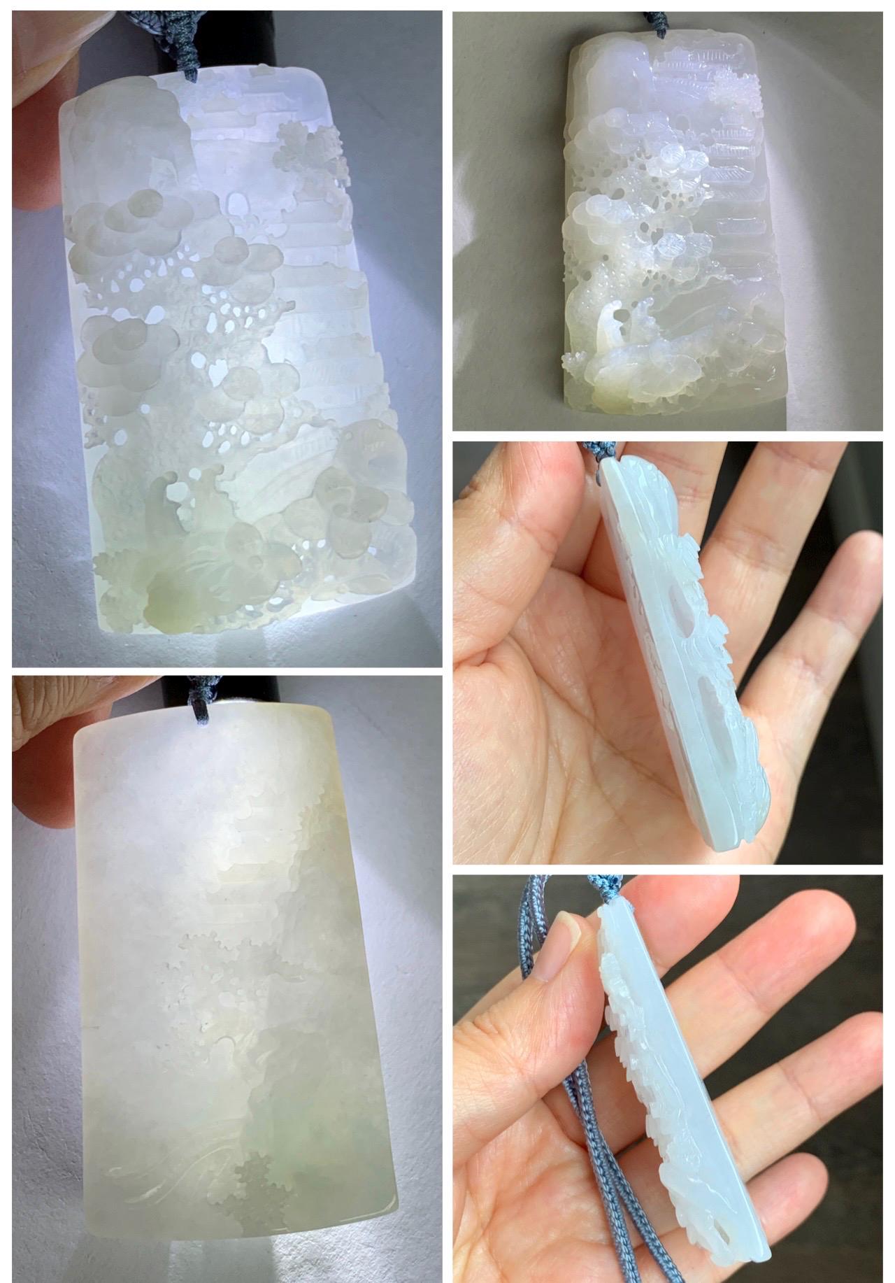 Certified Natural Grade A Icy Translucent White Jade Jadeite Carved Shan Shui Large Pendant Rope Necklace 27” 天然冰透翡翠山水吊坠 1158