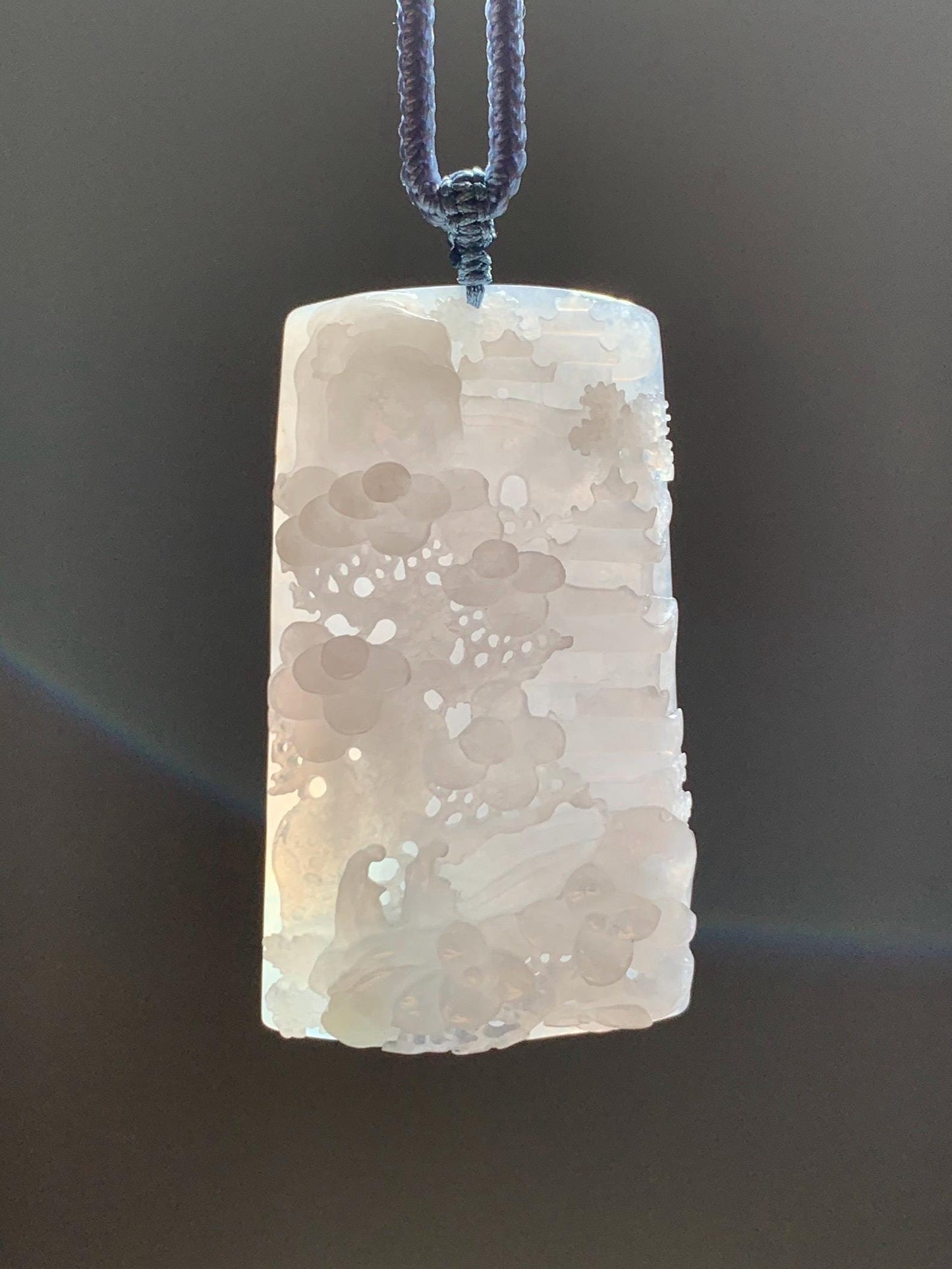 Certified Natural Grade A Icy Translucent White Jade Jadeite Carved Shan Shui Large Pendant Rope Necklace 27” 天然冰透翡翠山水吊坠 1158