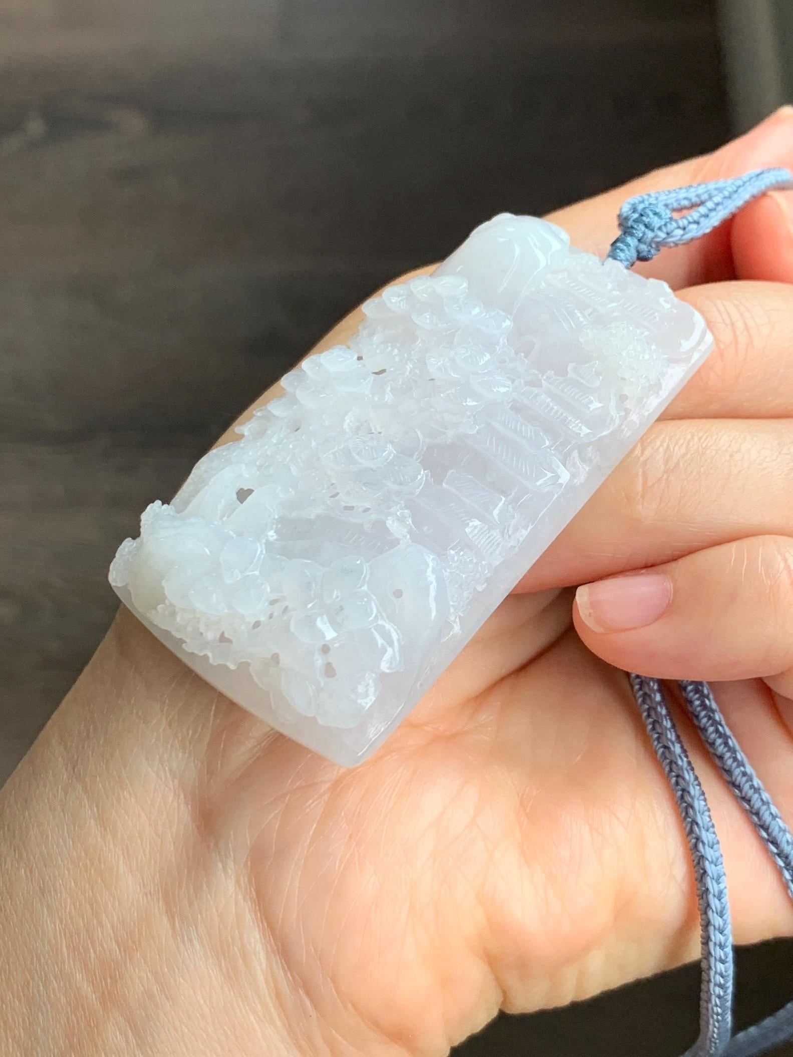 Certified Natural Grade A Icy Translucent White Jade Jadeite Carved Shan Shui Large Pendant Rope Necklace 27” 天然冰透翡翠山水吊坠 1158
