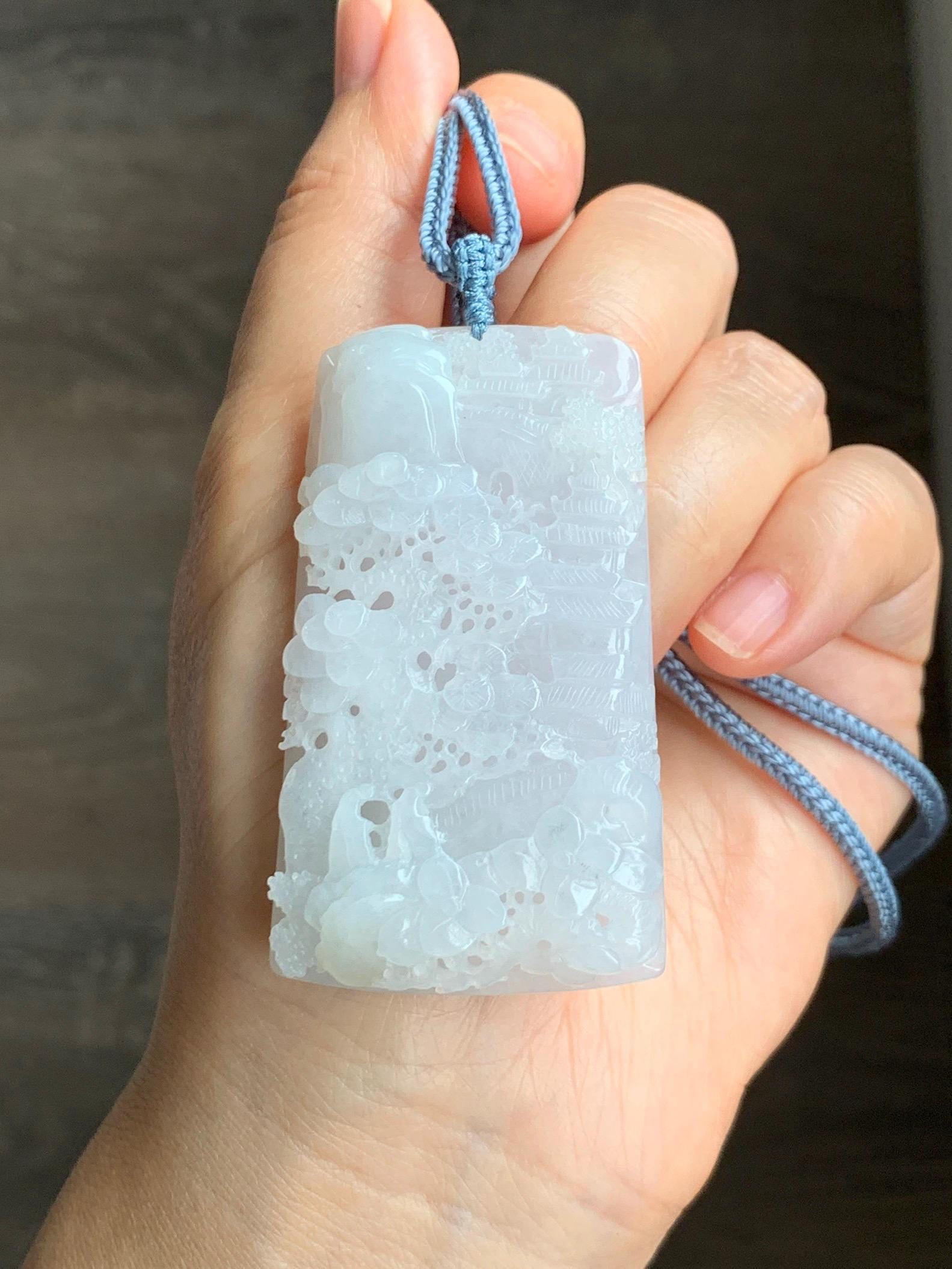 Certified Natural Grade A Icy Translucent White Jade Jadeite Carved Shan Shui Large Pendant Rope Necklace 27” 天然冰透翡翠山水吊坠 1158