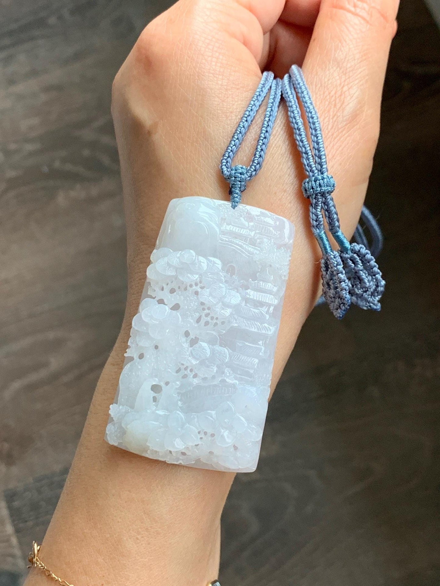Certified Natural Grade A Icy Translucent White Jade Jadeite Carved Shan Shui Large Pendant Rope Necklace 27” 天然冰透翡翠山水吊坠 1158