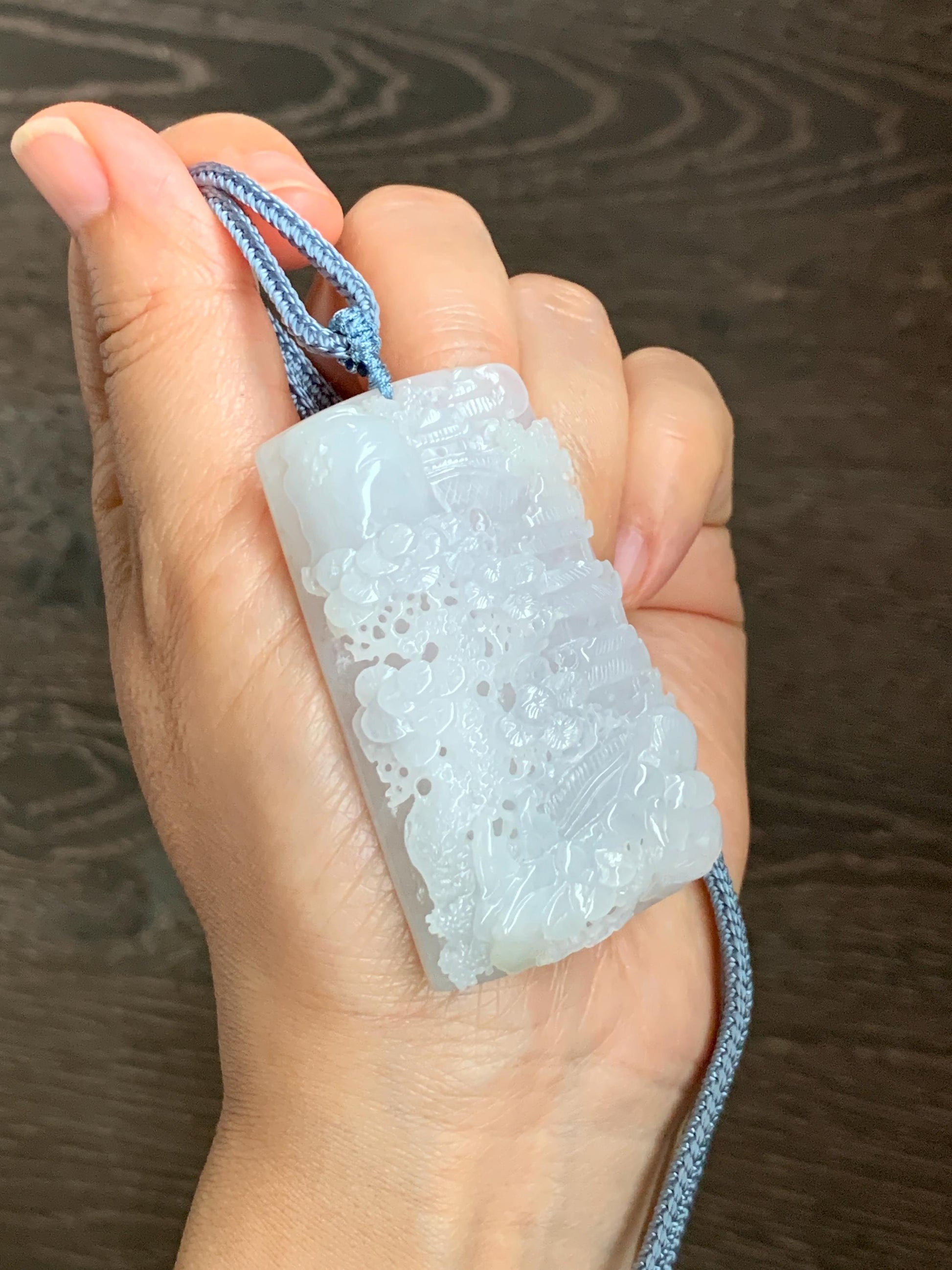 Certified Natural Grade A Icy Translucent White Jade Jadeite Carved Shan Shui Large Pendant Rope Necklace 27” 天然冰透翡翠山水吊坠 1158