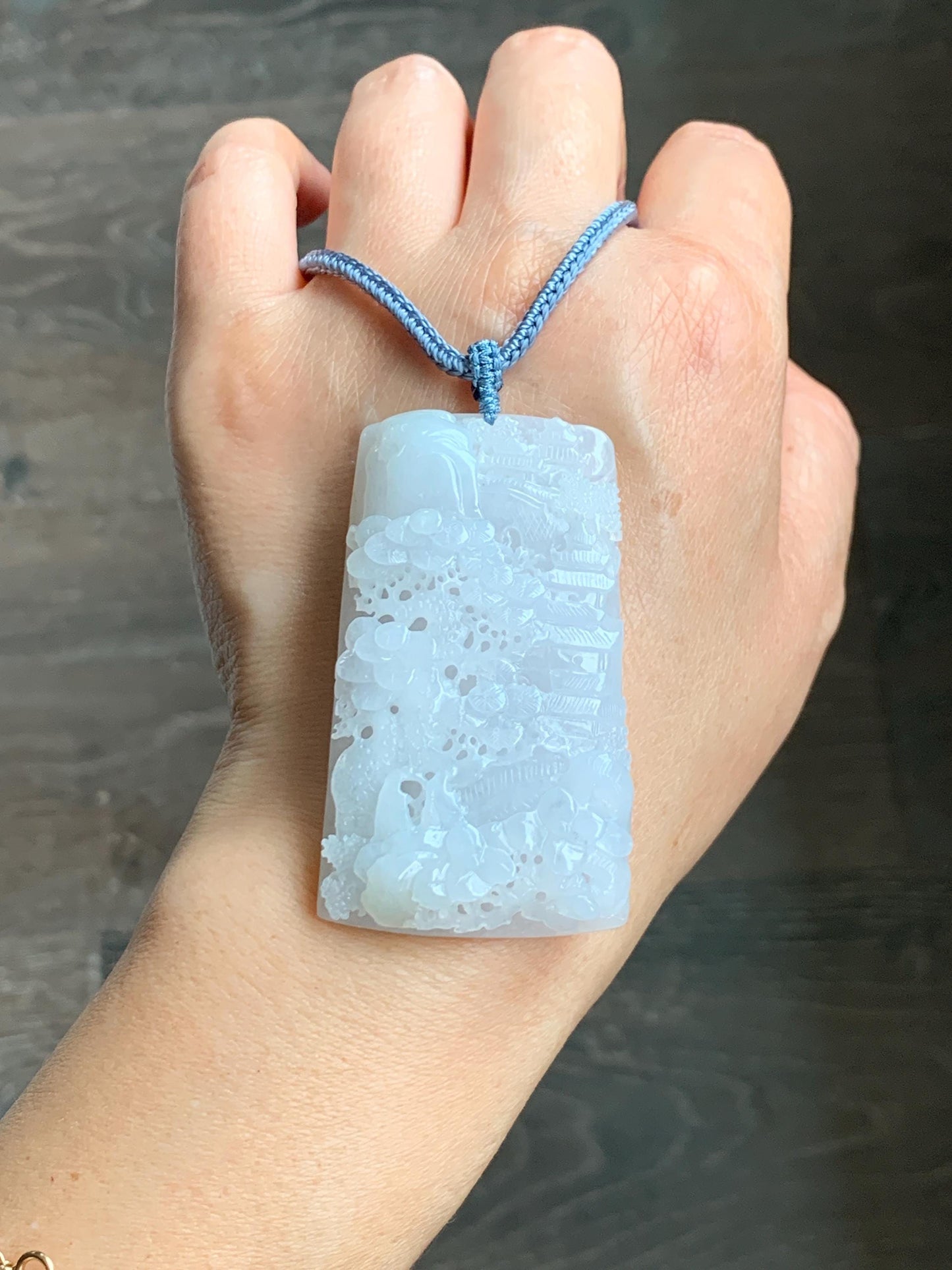 Certified Natural Grade A Icy Translucent White Jade Jadeite Carved Shan Shui Large Pendant Rope Necklace 27” 天然冰透翡翠山水吊坠 1158