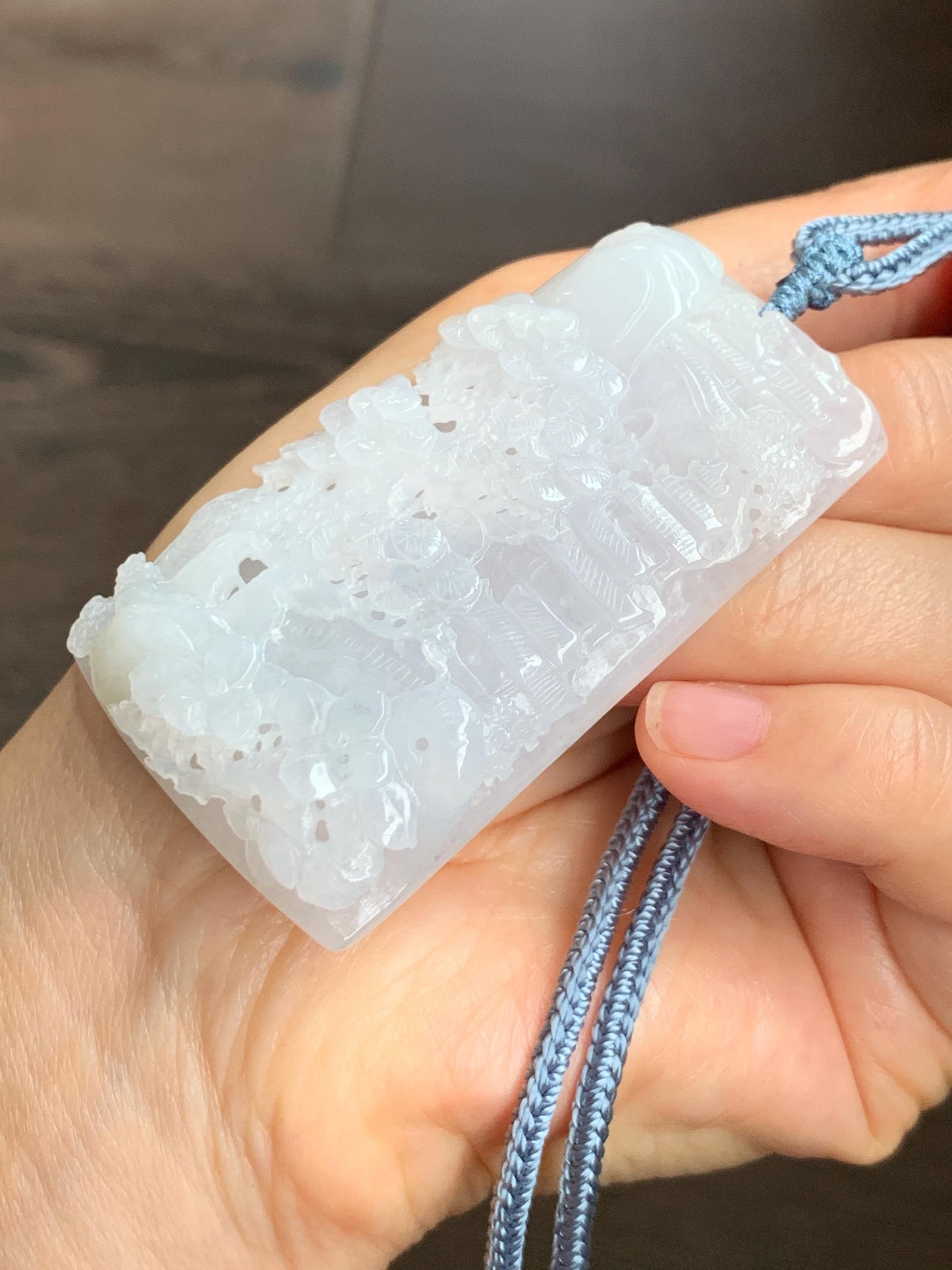 Certified Natural Grade A Icy Translucent White Jade Jadeite Carved Shan Shui Large Pendant Rope Necklace 27” 天然冰透翡翠山水吊坠 1158
