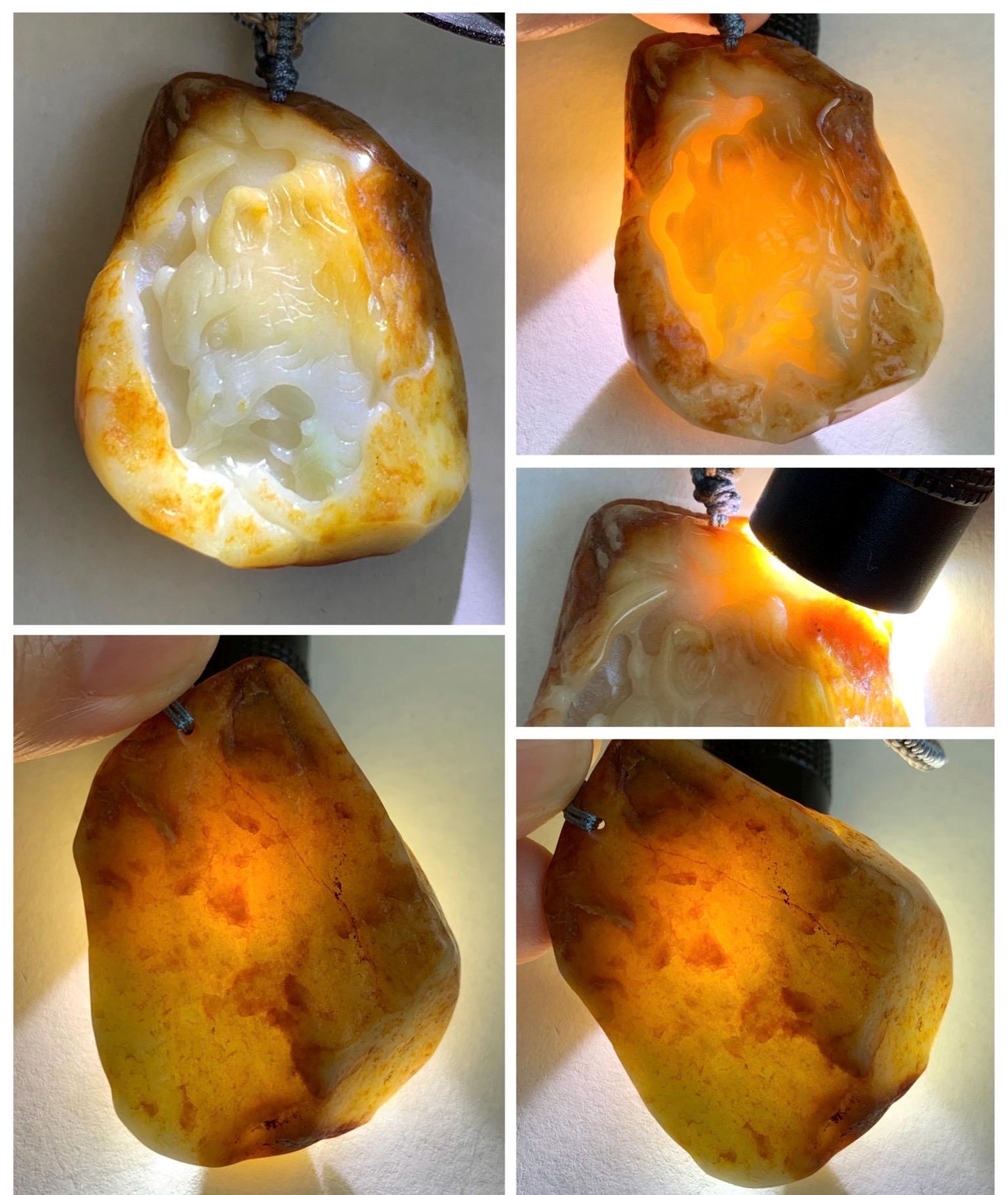 Grade A Natural White Jade Jadeite with Dark Yellow Rind Carved Tiger Pendant Rope Necklace 27” 39g 天然翡翠皮壳料老虎雕吊坠 MPKH110
