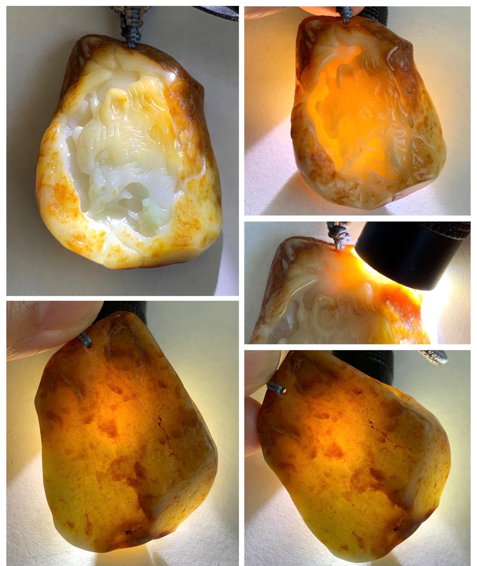 Grade A Natural White Jade Jadeite with Dark Yellow Rind Carved Tiger Pendant Rope Necklace 27” 39g 天然翡翠皮壳料老虎雕吊坠 MPKH110