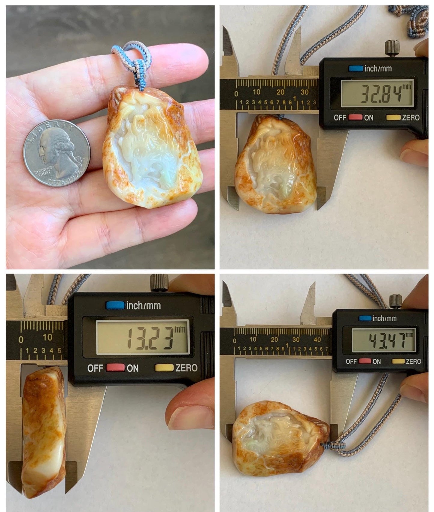 Grade A Natural White Jade Jadeite with Dark Yellow Rind Carved Tiger Pendant Rope Necklace 27” 39g 天然翡翠皮壳料老虎雕吊坠 MPKH110