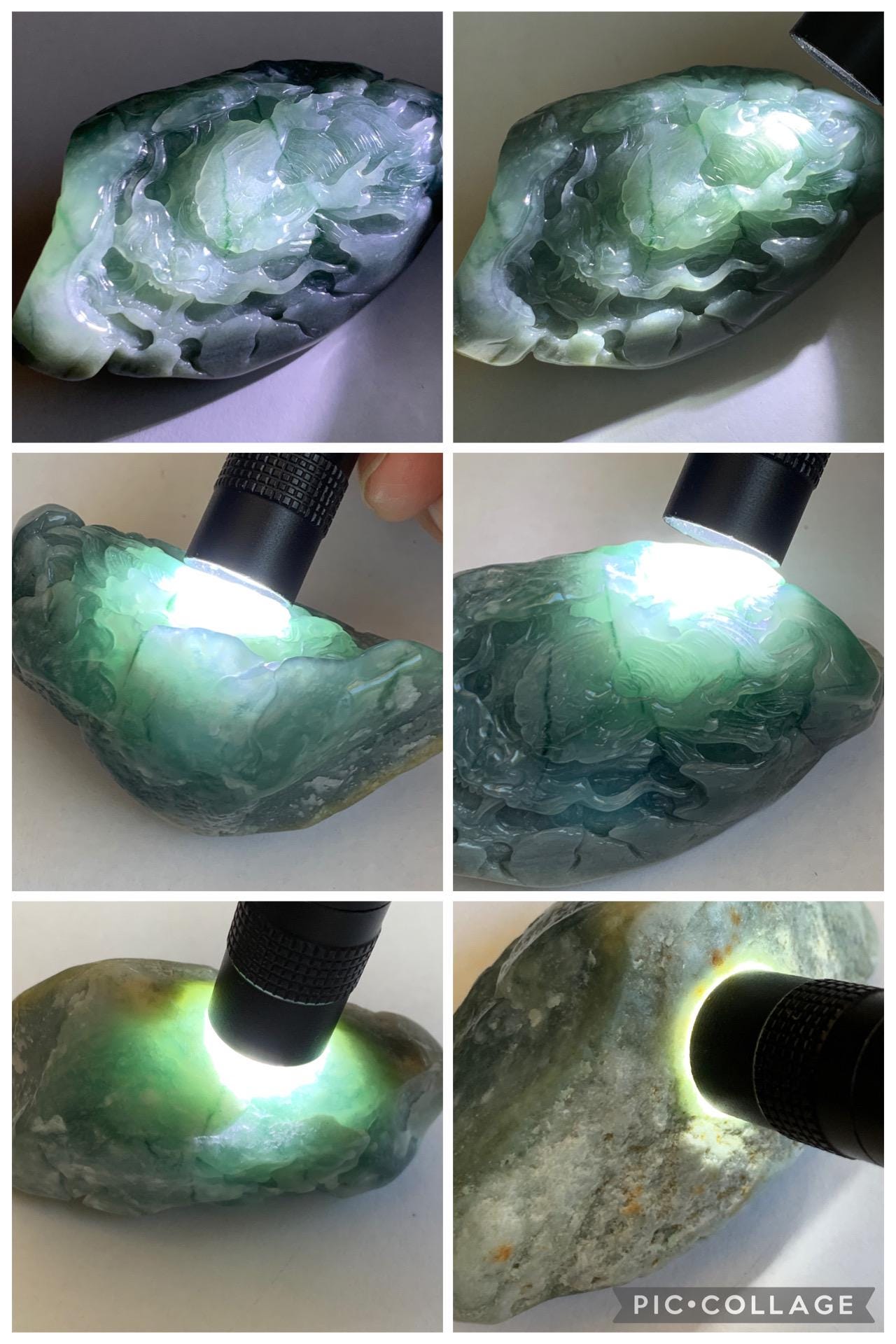 Grade A Natural Guatemalan Dusty Blue Jade Jadeite with Rind Dragon Carved Rock with Wood Stand Home Decor 115g 天然危蓝翡翠皮壳料龙头雕小摆 WPKL220