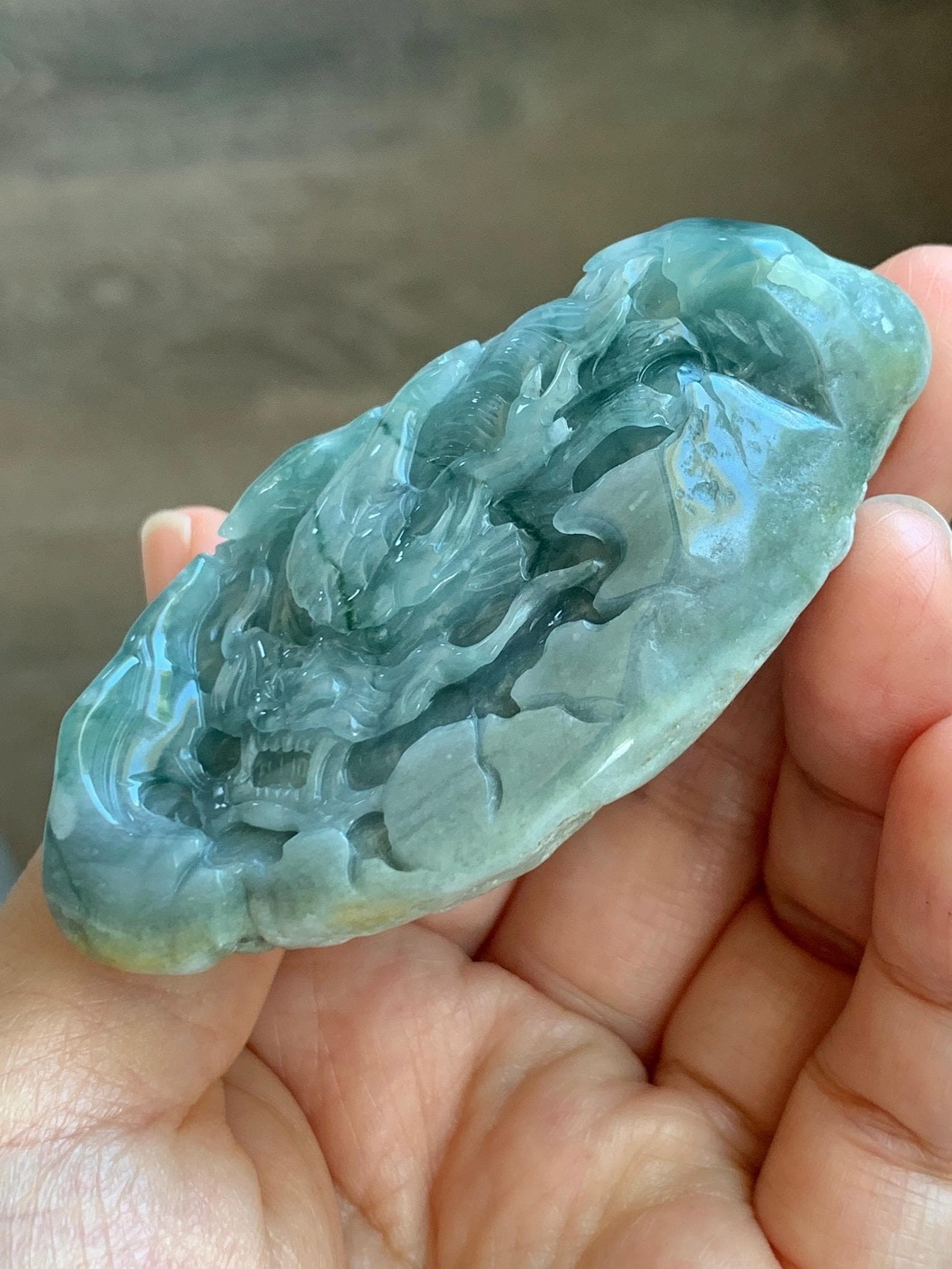 Grade A Natural Guatemalan Dusty Blue Jade Jadeite with Rind Dragon Carved Rock with Wood Stand Home Decor 115g 天然危蓝翡翠皮壳料龙头雕小摆 WPKL220
