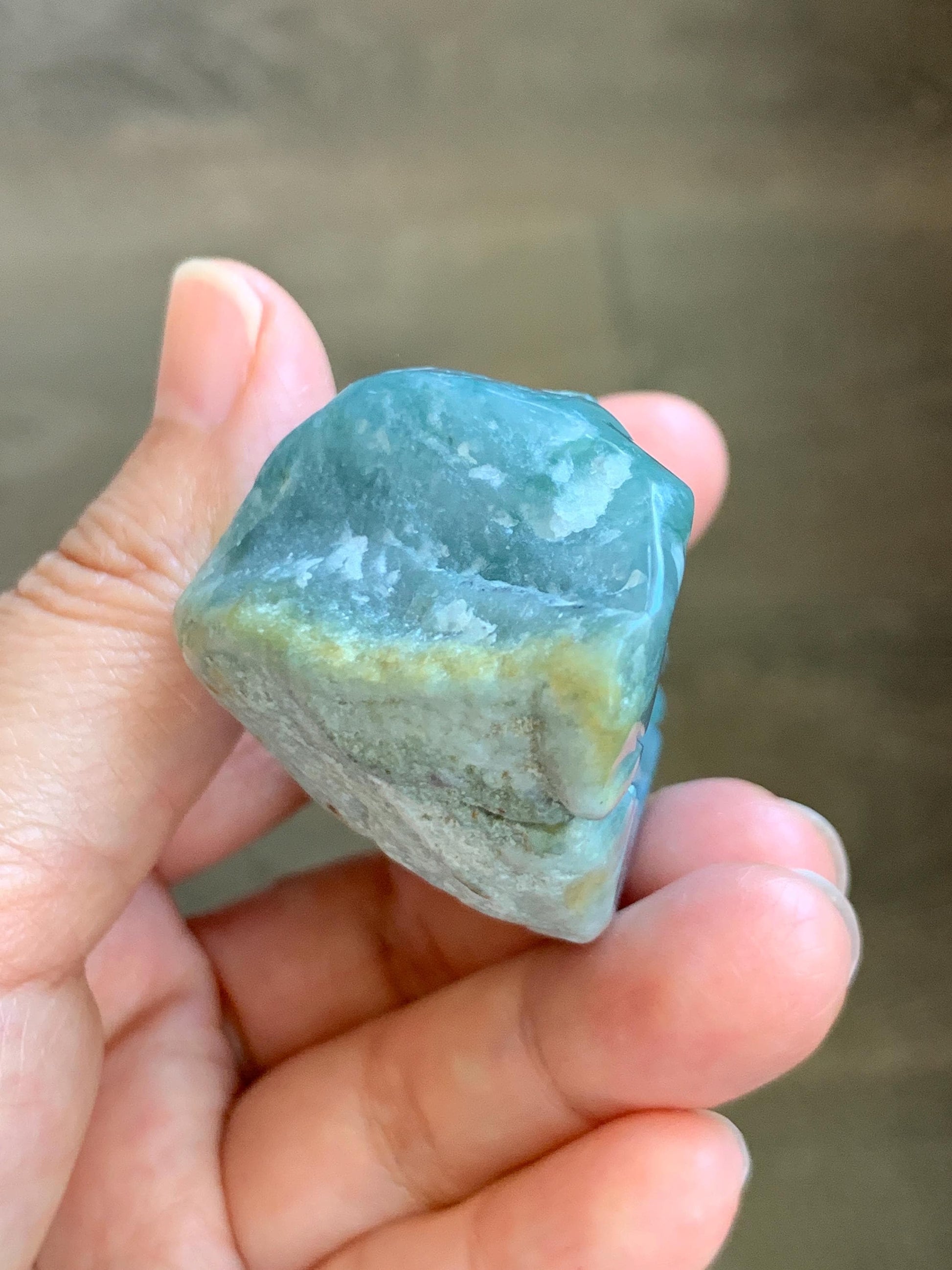 Grade A Natural Guatemalan Dusty Blue Jade Jadeite with Rind Dragon Carved Rock with Wood Stand Home Decor 115g 天然危蓝翡翠皮壳料龙头雕小摆 WPKL220