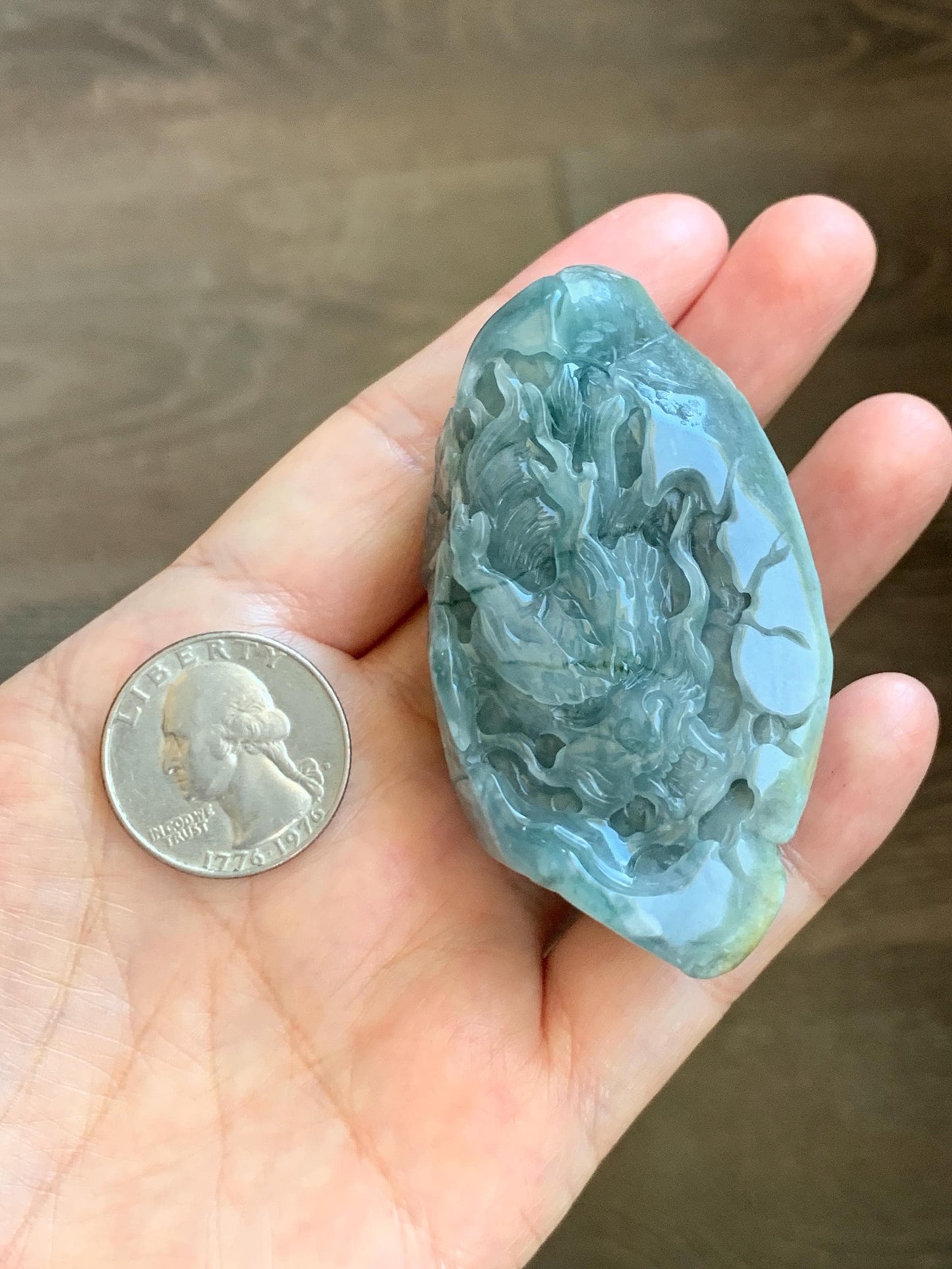 Grade A Natural Guatemalan Dusty Blue Jade Jadeite with Rind Dragon Carved Rock with Wood Stand Home Decor 115g 天然危蓝翡翠皮壳料龙头雕小摆 WPKL220