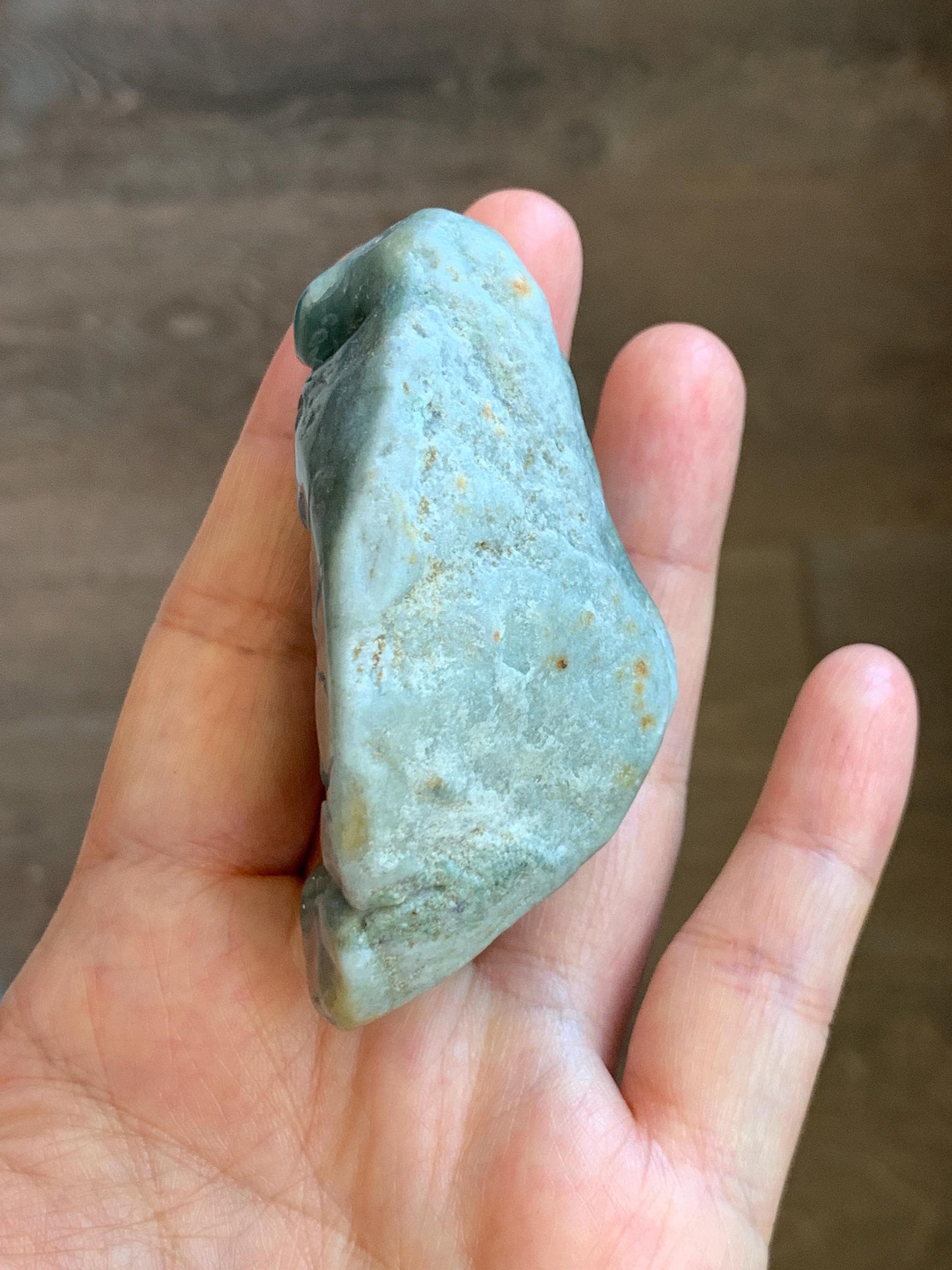 Grade A Natural Guatemalan Dusty Blue Jade Jadeite with Rind Dragon Carved Rock with Wood Stand Home Decor 115g 天然危蓝翡翠皮壳料龙头雕小摆 WPKL220