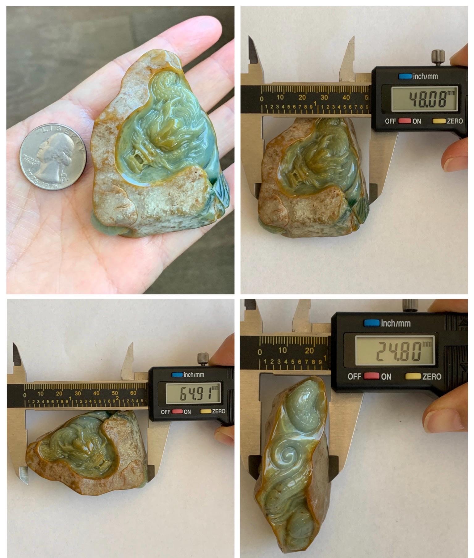 Grade A Natural Guatemalan Dusty Blue Yellow Jade Jadeite with Rind Dragon Carved Rock w/ Wood Stand Home Decor 119g 天然危黄蓝翡翠皮壳料龙头雕小摆 WPKL488