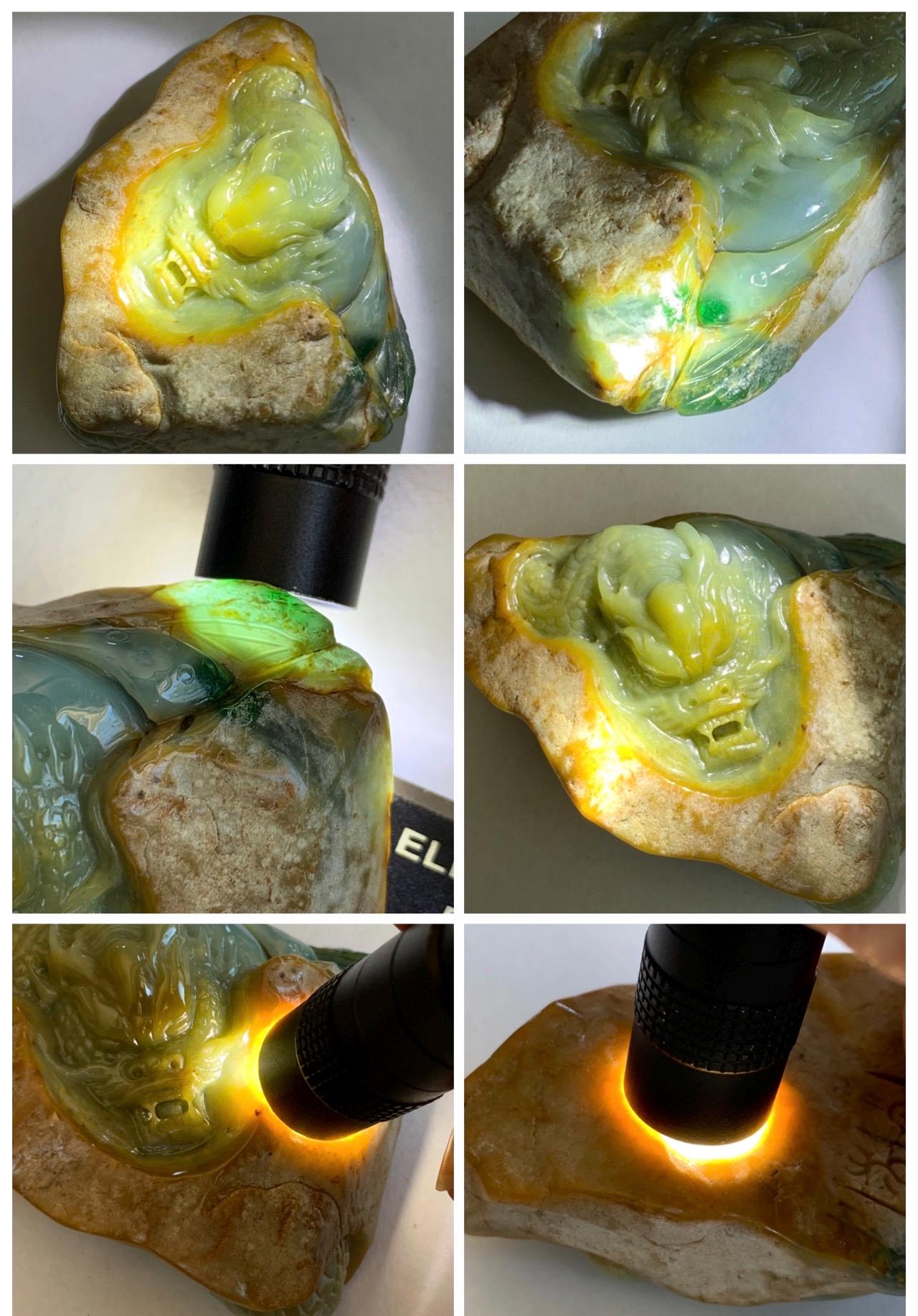 Grade A Natural Guatemalan Dusty Blue Yellow Jade Jadeite with Rind Dragon Carved Rock w/ Wood Stand Home Decor 119g 天然危黄蓝翡翠皮壳料龙头雕小摆 WPKL488