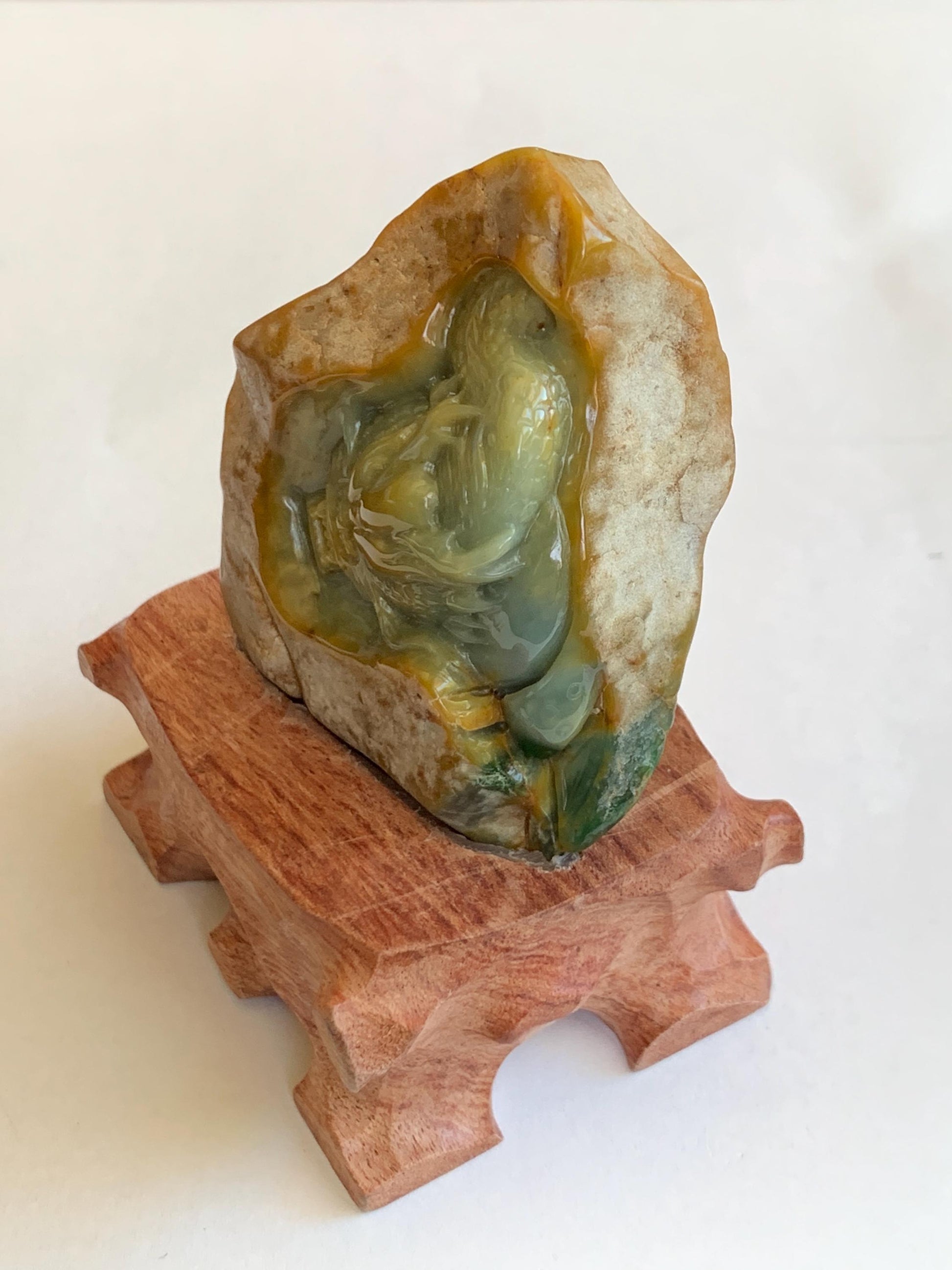 Grade A Natural Guatemalan Dusty Blue Yellow Jade Jadeite with Rind Dragon Carved Rock w/ Wood Stand Home Decor 119g 天然危黄蓝翡翠皮壳料龙头雕小摆 WPKL488