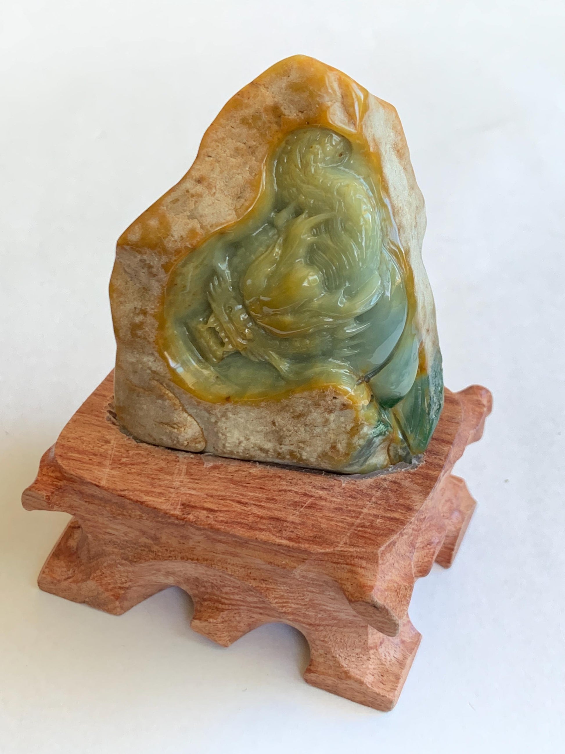 Grade A Natural Guatemalan Dusty Blue Yellow Jade Jadeite with Rind Dragon Carved Rock w/ Wood Stand Home Decor 119g 天然危黄蓝翡翠皮壳料龙头雕小摆 WPKL488