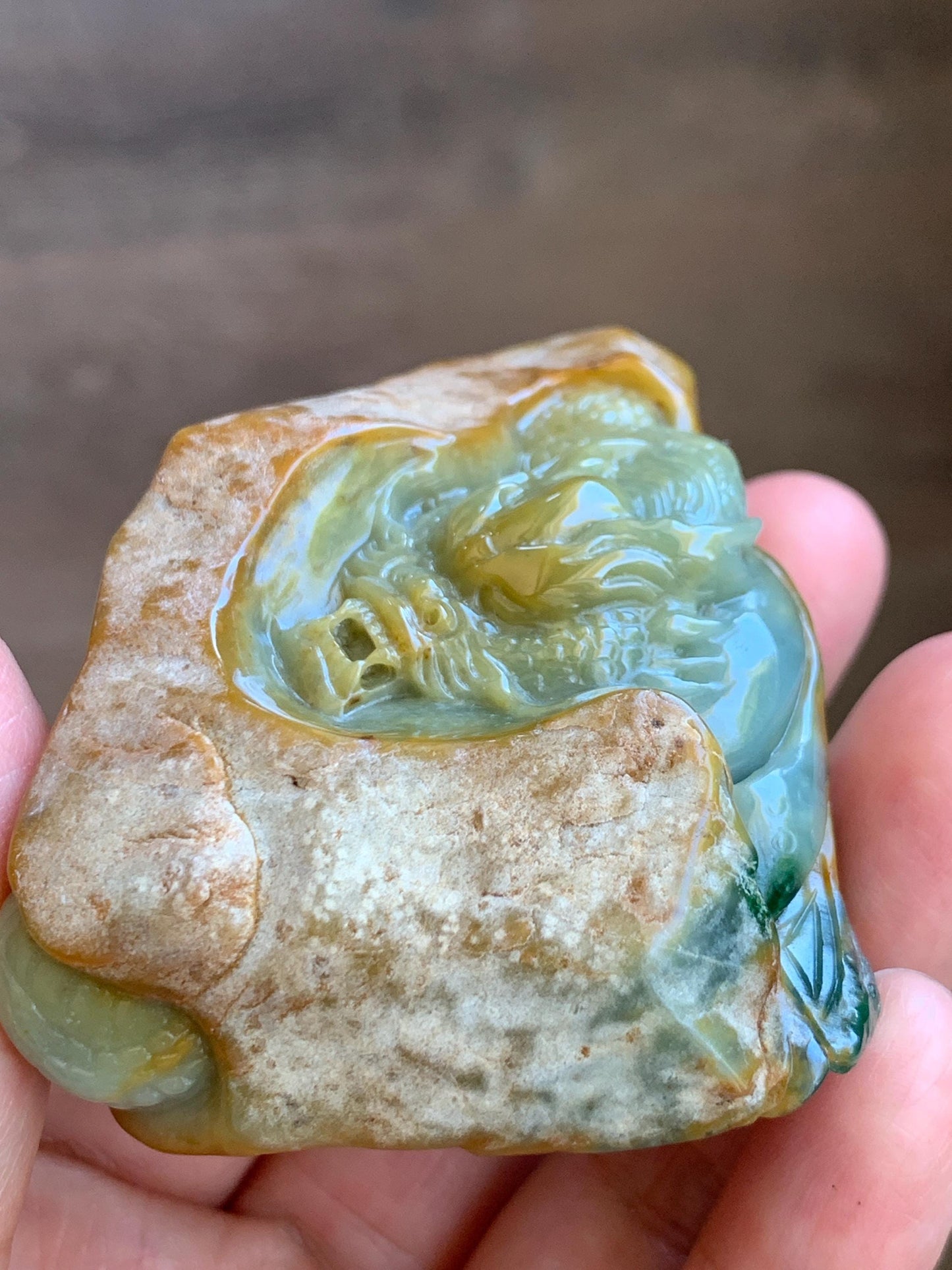 Grade A Natural Guatemalan Dusty Blue Yellow Jade Jadeite with Rind Dragon Carved Rock w/ Wood Stand Home Decor 119g 天然危黄蓝翡翠皮壳料龙头雕小摆 WPKL488