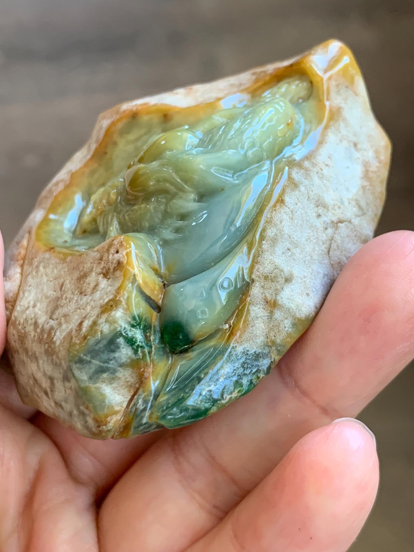 Grade A Natural Guatemalan Dusty Blue Yellow Jade Jadeite with Rind Dragon Carved Rock w/ Wood Stand Home Decor 119g 天然危黄蓝翡翠皮壳料龙头雕小摆 WPKL488