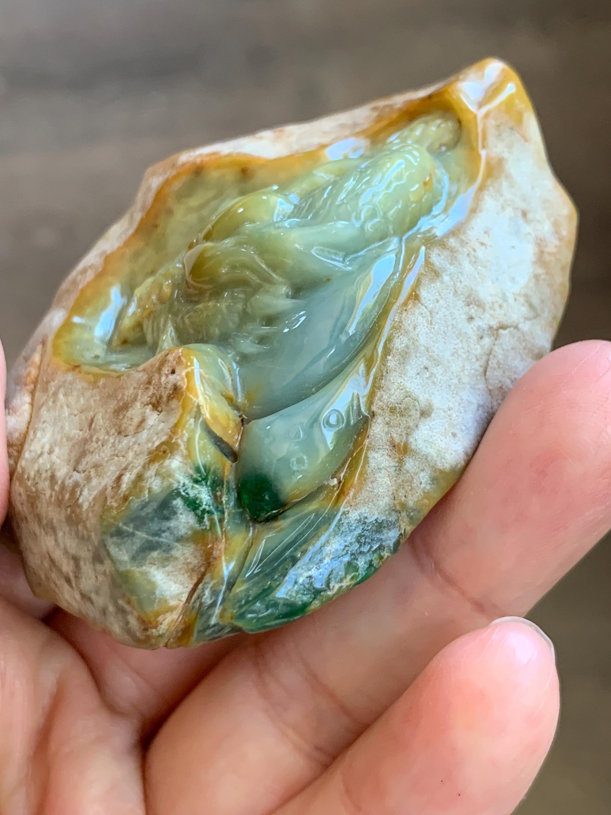 Grade A Natural Guatemalan Dusty Blue Yellow Jade Jadeite with Rind Dragon Carved Rock w/ Wood Stand Home Decor 119g 天然危黄蓝翡翠皮壳料龙头雕小摆 WPKL488