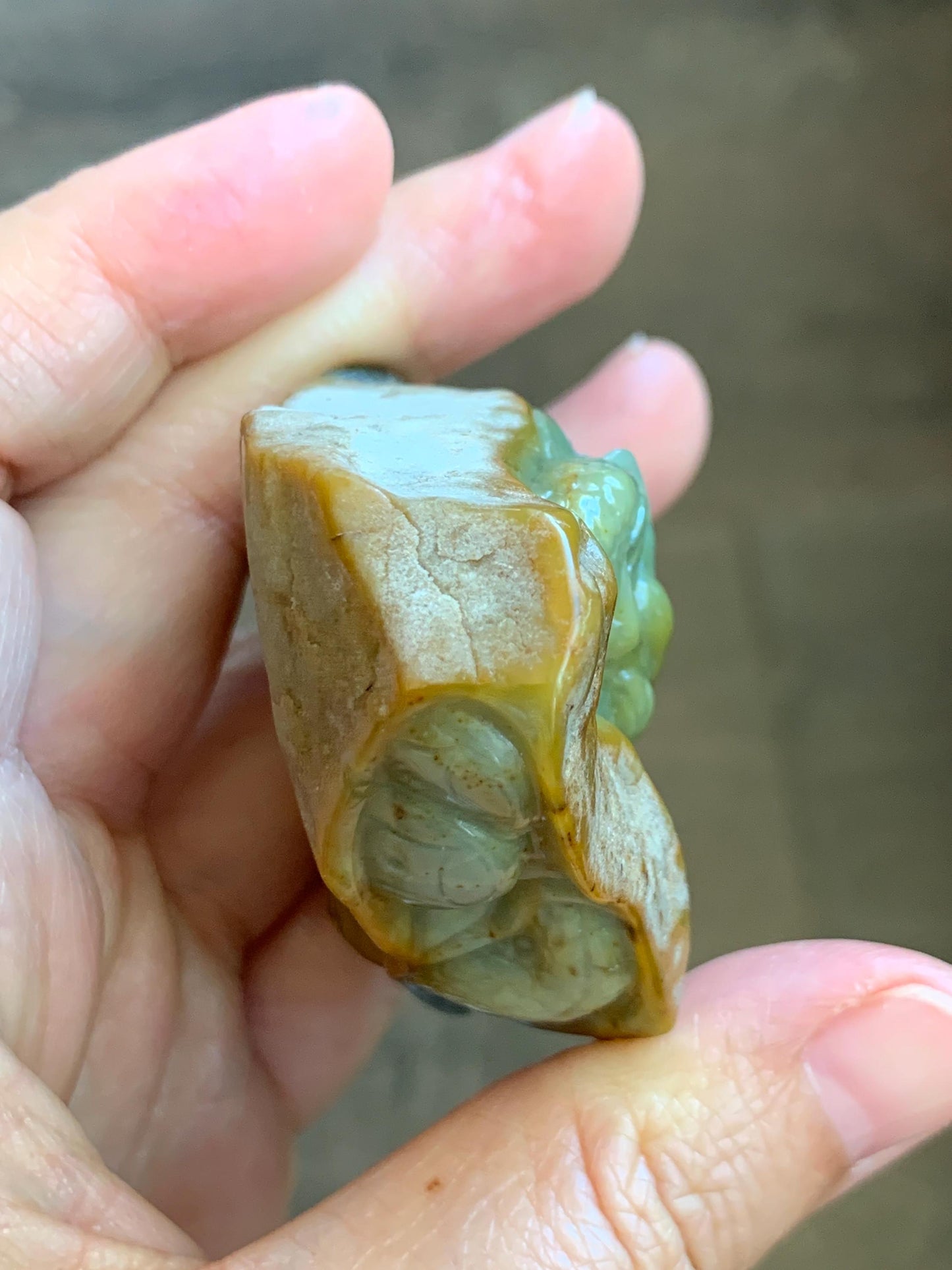 Grade A Natural Guatemalan Dusty Blue Yellow Jade Jadeite with Rind Dragon Carved Rock w/ Wood Stand Home Decor 119g 天然危黄蓝翡翠皮壳料龙头雕小摆 WPKL488