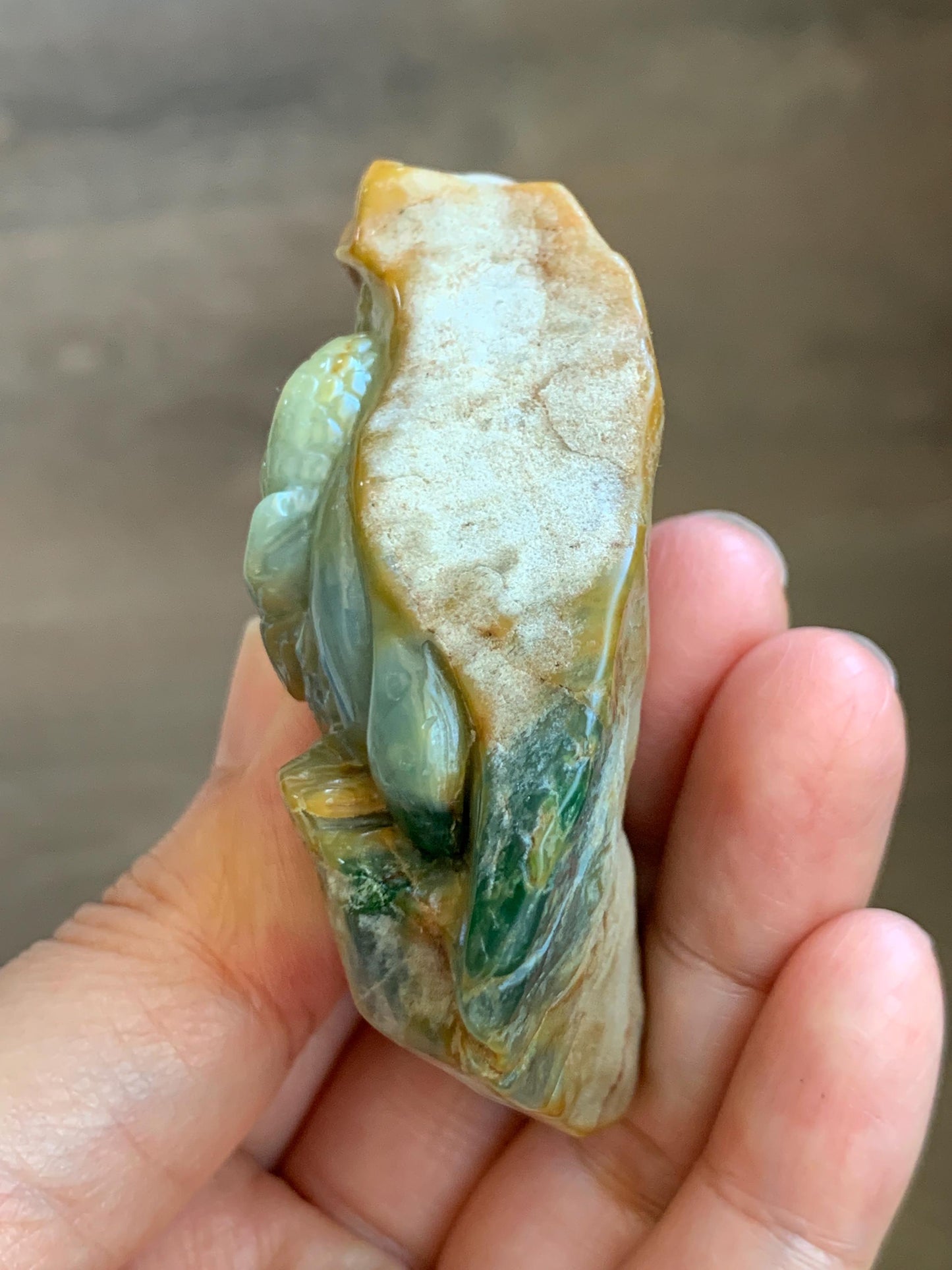 Grade A Natural Guatemalan Dusty Blue Yellow Jade Jadeite with Rind Dragon Carved Rock w/ Wood Stand Home Decor 119g 天然危黄蓝翡翠皮壳料龙头雕小摆 WPKL488