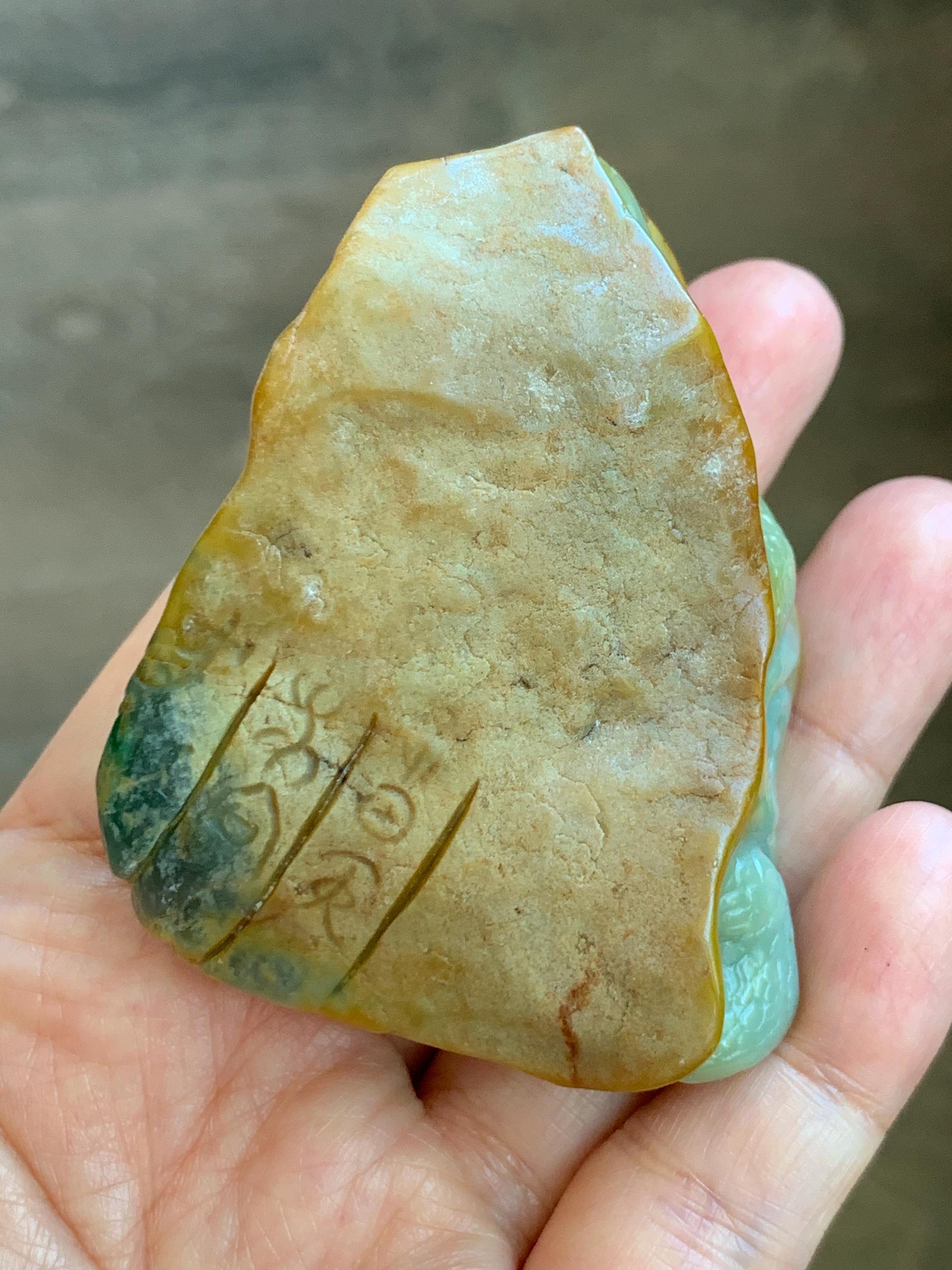 Grade A Natural Guatemalan Dusty Blue Yellow Jade Jadeite with Rind Dragon Carved Rock w/ Wood Stand Home Decor 119g 天然危黄蓝翡翠皮壳料龙头雕小摆 WPKL488