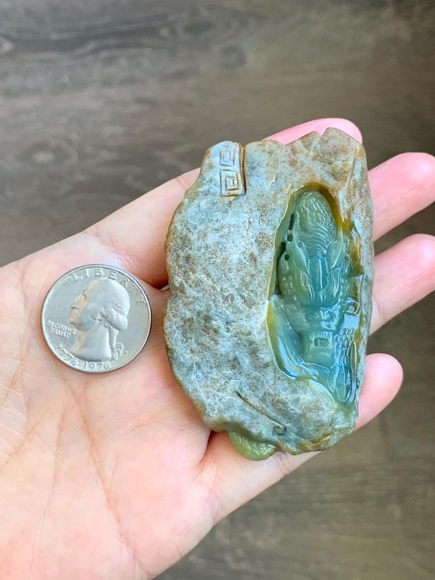 Grade A Natural Guatemalan Dusty Blue Yellow Jade Jadeite with Rind Dragon Carved Rock w/ Wood Stand Home Decor 84g 天然危黄蓝翡翠皮壳料龙头雕小摆 WPKLL