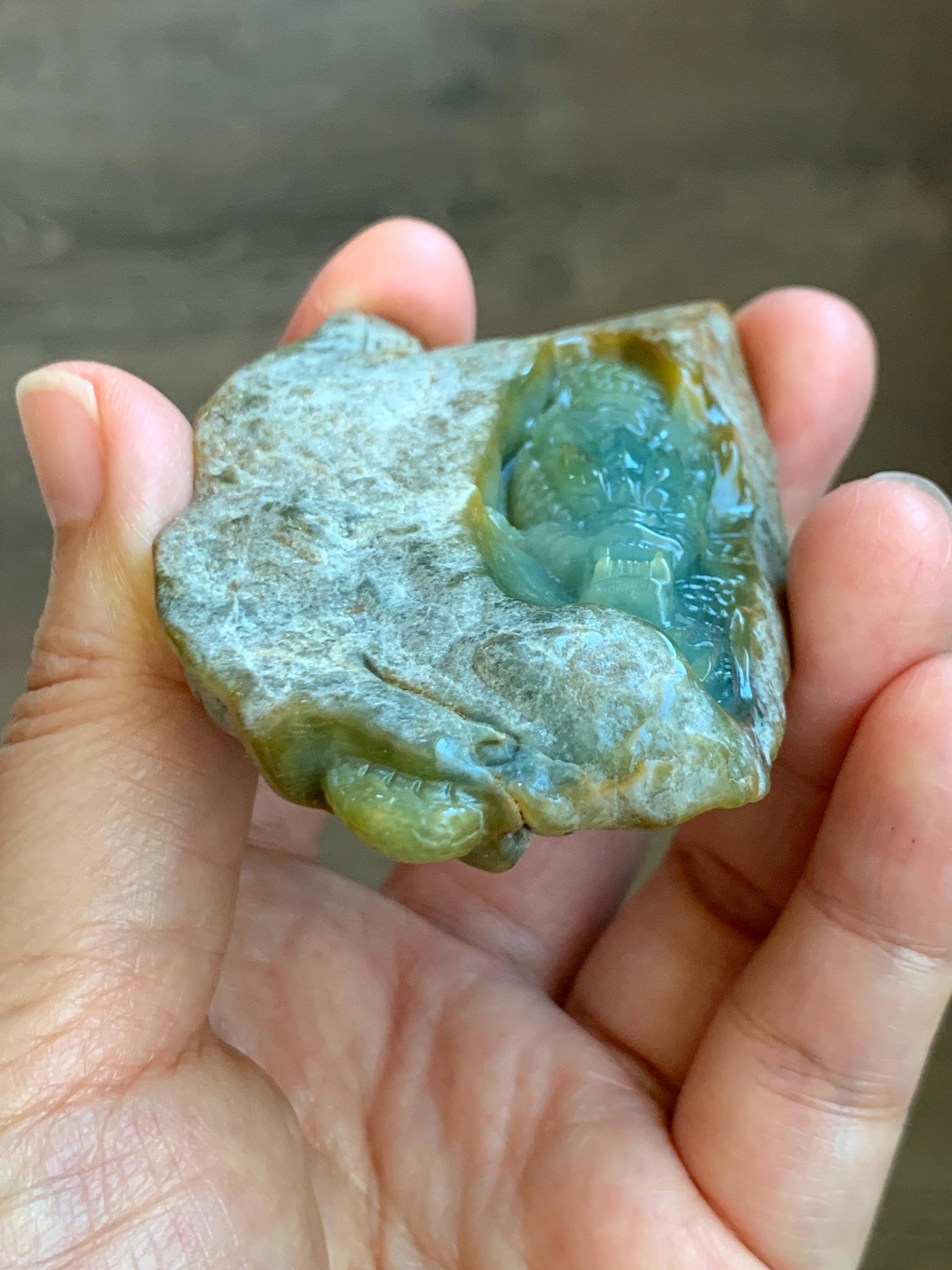 Grade A Natural Guatemalan Dusty Blue Yellow Jade Jadeite with Rind Dragon Carved Rock w/ Wood Stand Home Decor 84g 天然危黄蓝翡翠皮壳料龙头雕小摆 WPKLL