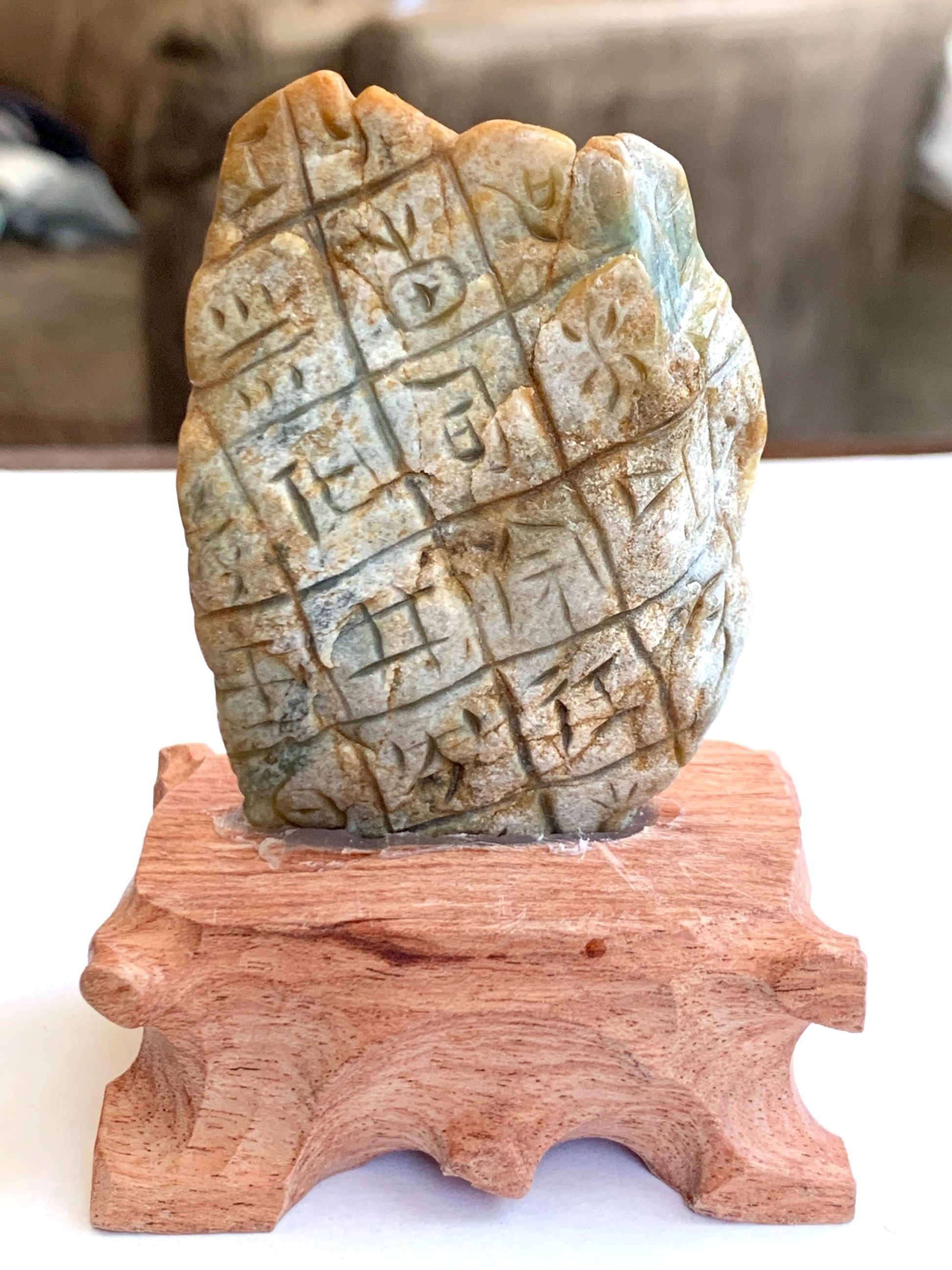 Grade A Natural Guatemalan Dusty Blue Yellow Jade Jadeite with Rind Dragon Carved Rock w/ Wood Stand Home Decor 84g 天然危黄蓝翡翠皮壳料龙头雕小摆 WPKLL