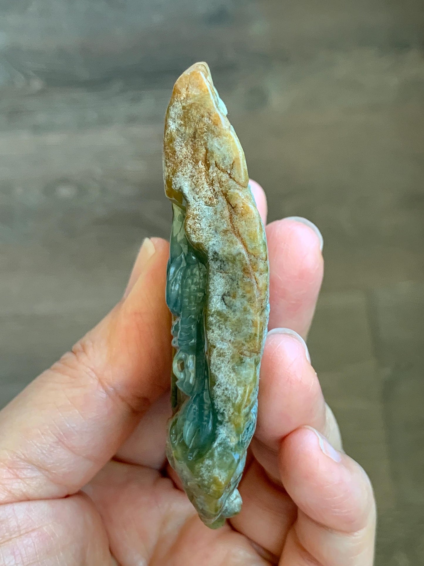 Grade A Natural Guatemalan Dusty Blue Yellow Jade Jadeite with Rind Dragon Carved Rock w/ Wood Stand Home Decor 84g 天然危黄蓝翡翠皮壳料龙头雕小摆 WPKLL