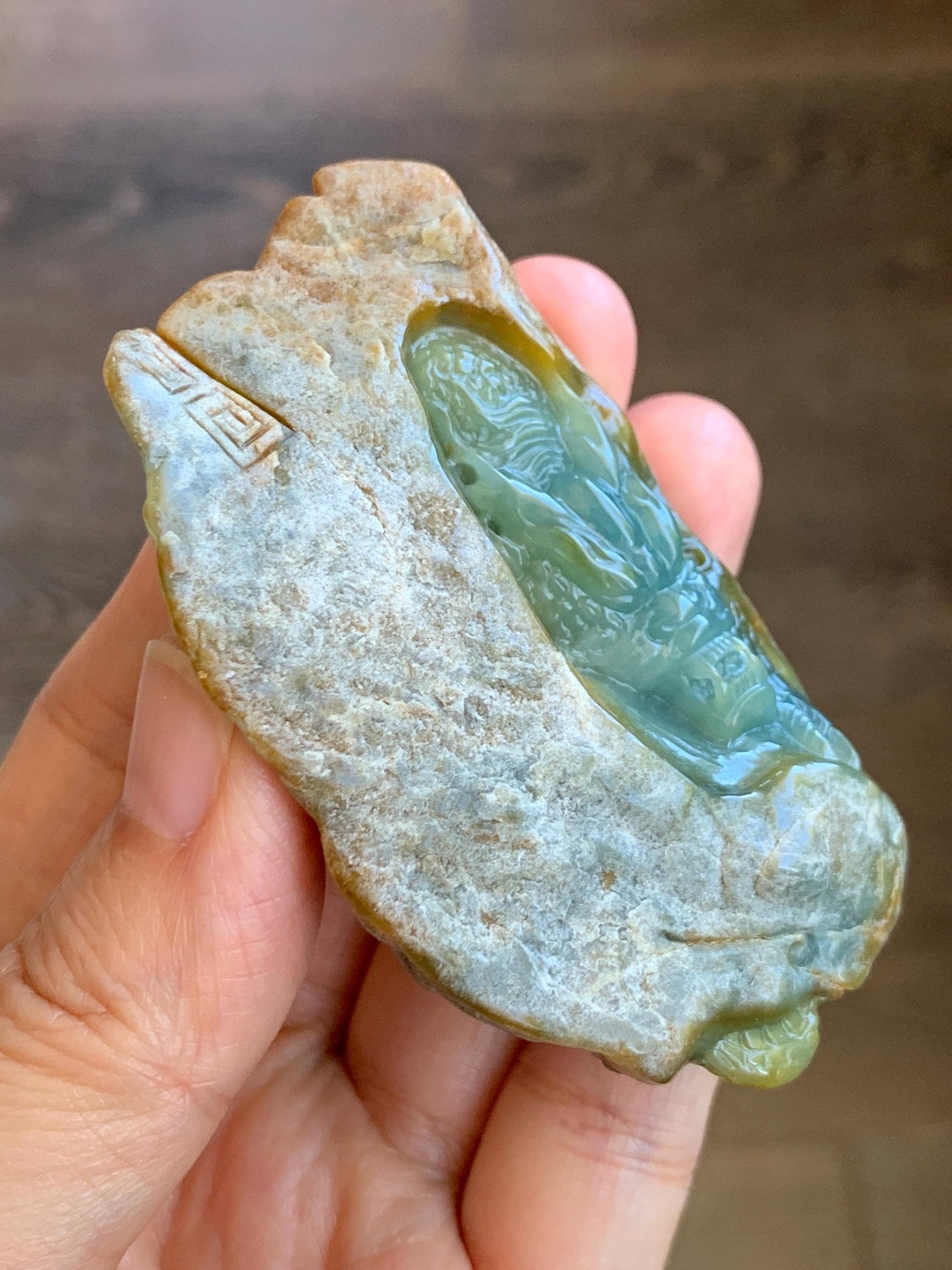 Grade A Natural Guatemalan Dusty Blue Yellow Jade Jadeite with Rind Dragon Carved Rock w/ Wood Stand Home Decor 84g 天然危黄蓝翡翠皮壳料龙头雕小摆 WPKLL