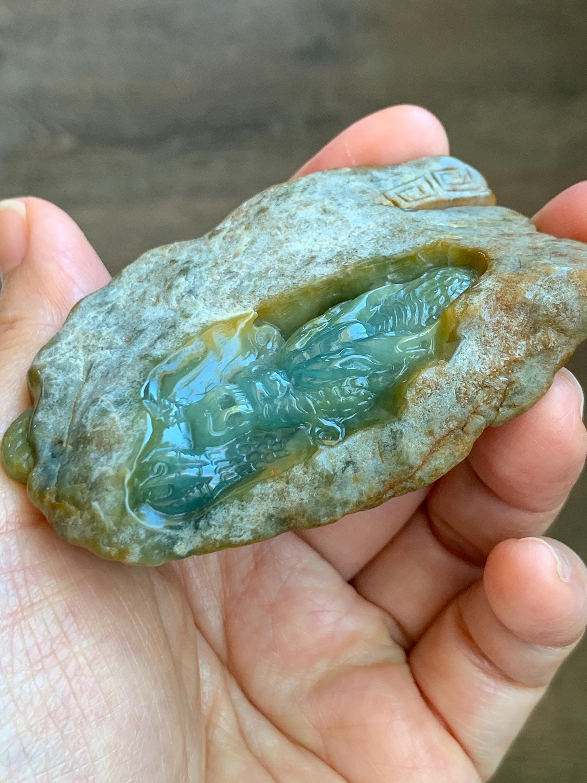 Grade A Natural Guatemalan Dusty Blue Yellow Jade Jadeite with Rind Dragon Carved Rock w/ Wood Stand Home Decor 84g 天然危黄蓝翡翠皮壳料龙头雕小摆 WPKLL