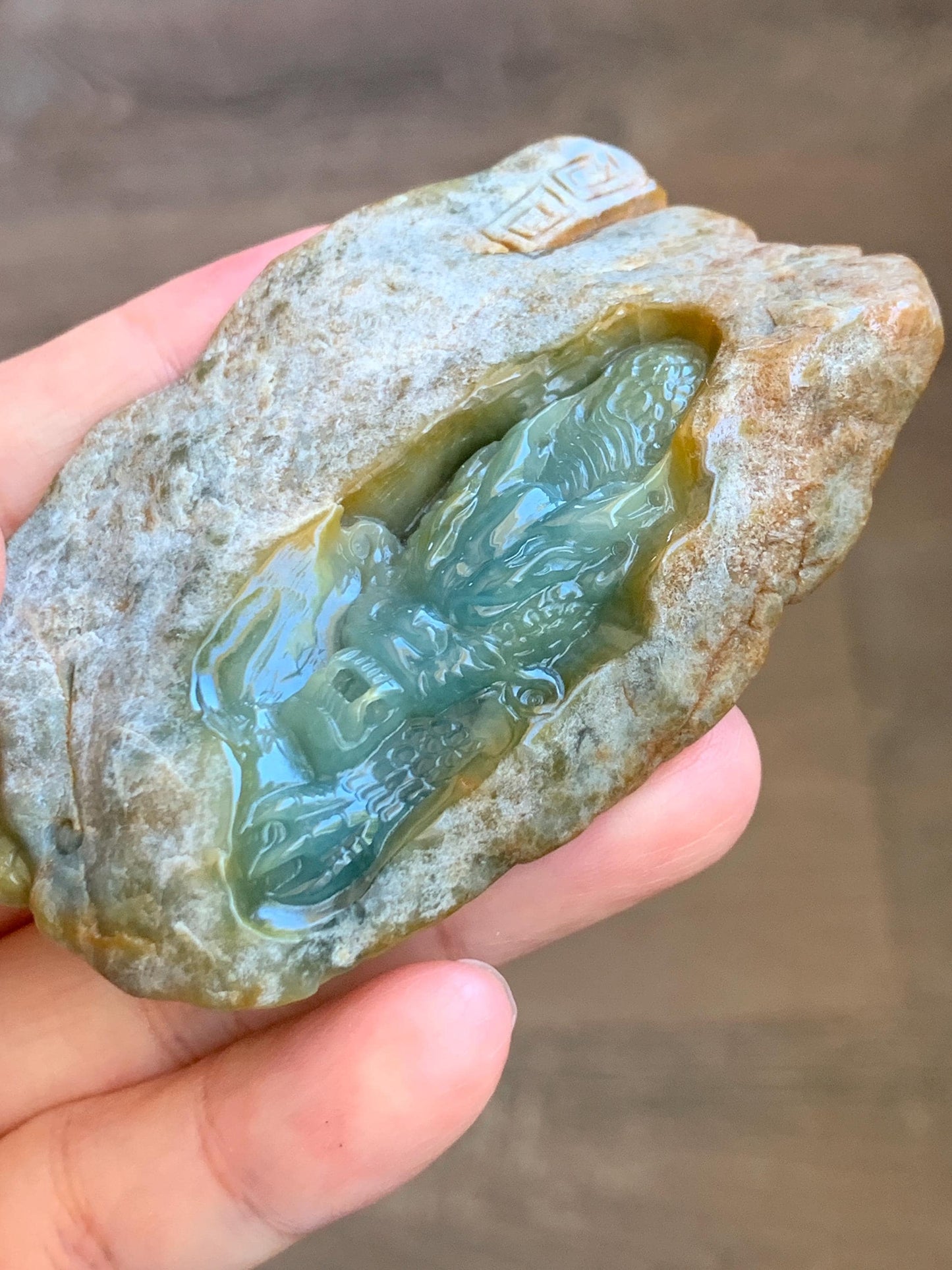 Grade A Natural Guatemalan Dusty Blue Yellow Jade Jadeite with Rind Dragon Carved Rock w/ Wood Stand Home Decor 84g 天然危黄蓝翡翠皮壳料龙头雕小摆 WPKLL