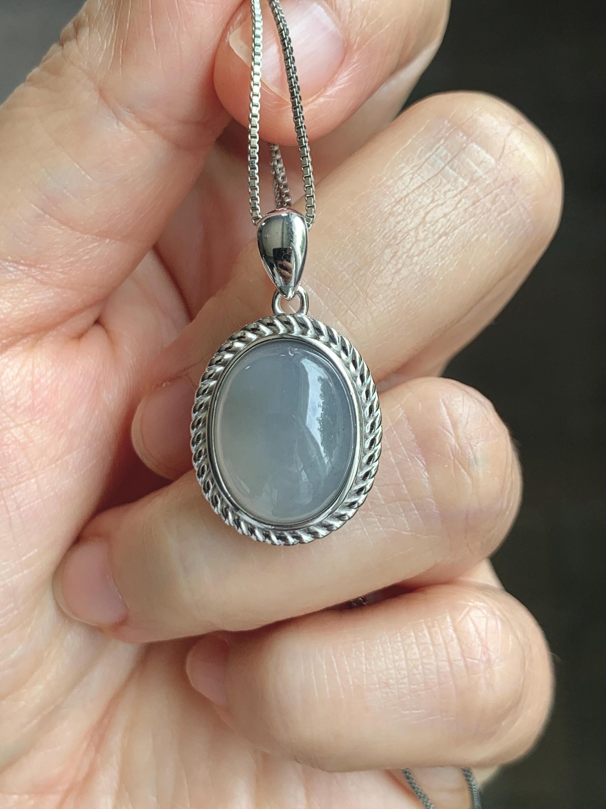 Certified Grade A Natural Icy Translucent Smoky Gray Greige Jade Jadeite Oval Pendant Sterling Silver Custom Design 5.75g 天然冰胶烟灰紫翡翠吊坠 219