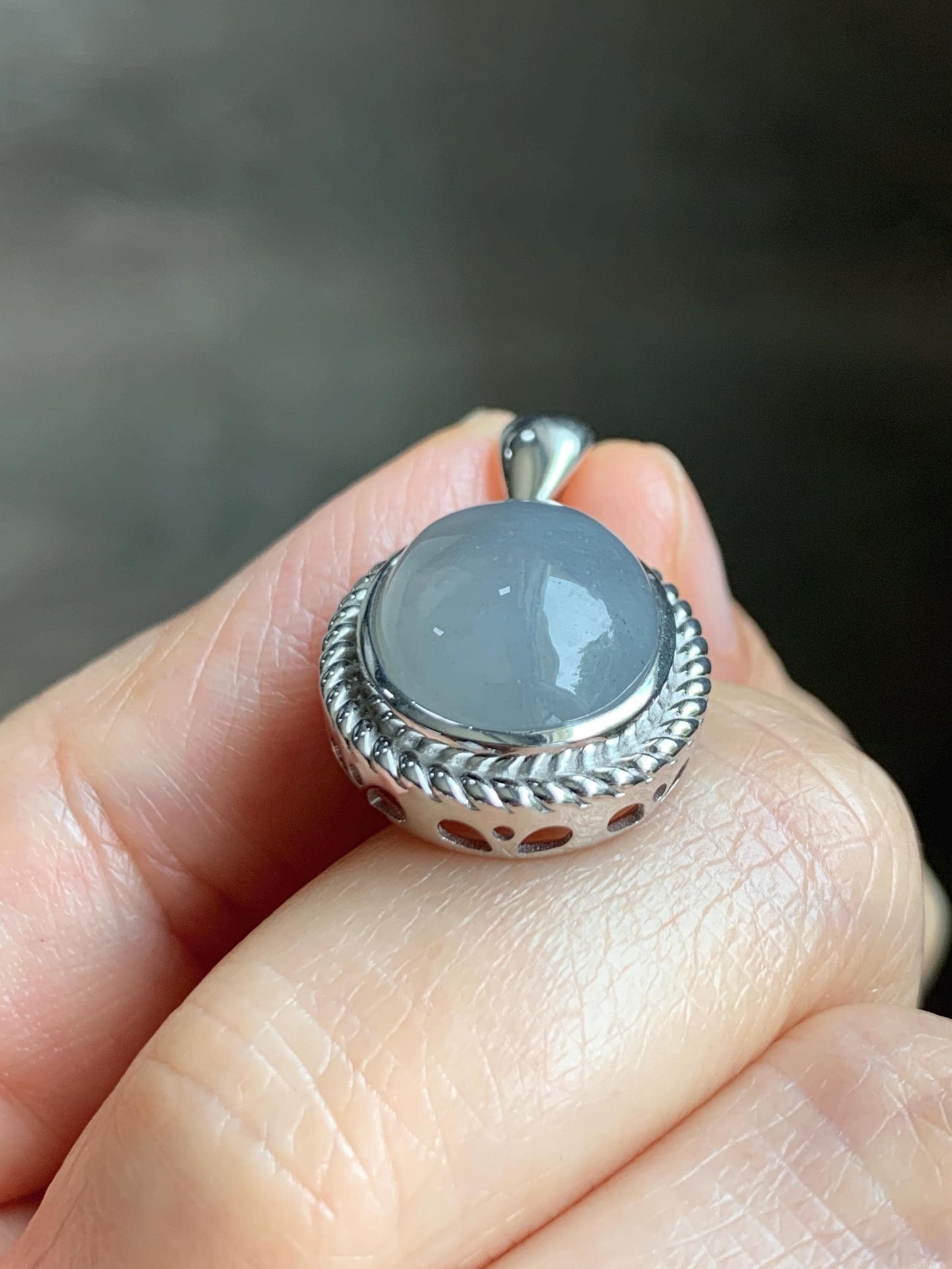 Certified Grade A Natural Icy Translucent Smoky Gray Greige Jade Jadeite Oval Pendant Sterling Silver Custom Design 5.75g 天然冰胶烟灰紫翡翠吊坠 219