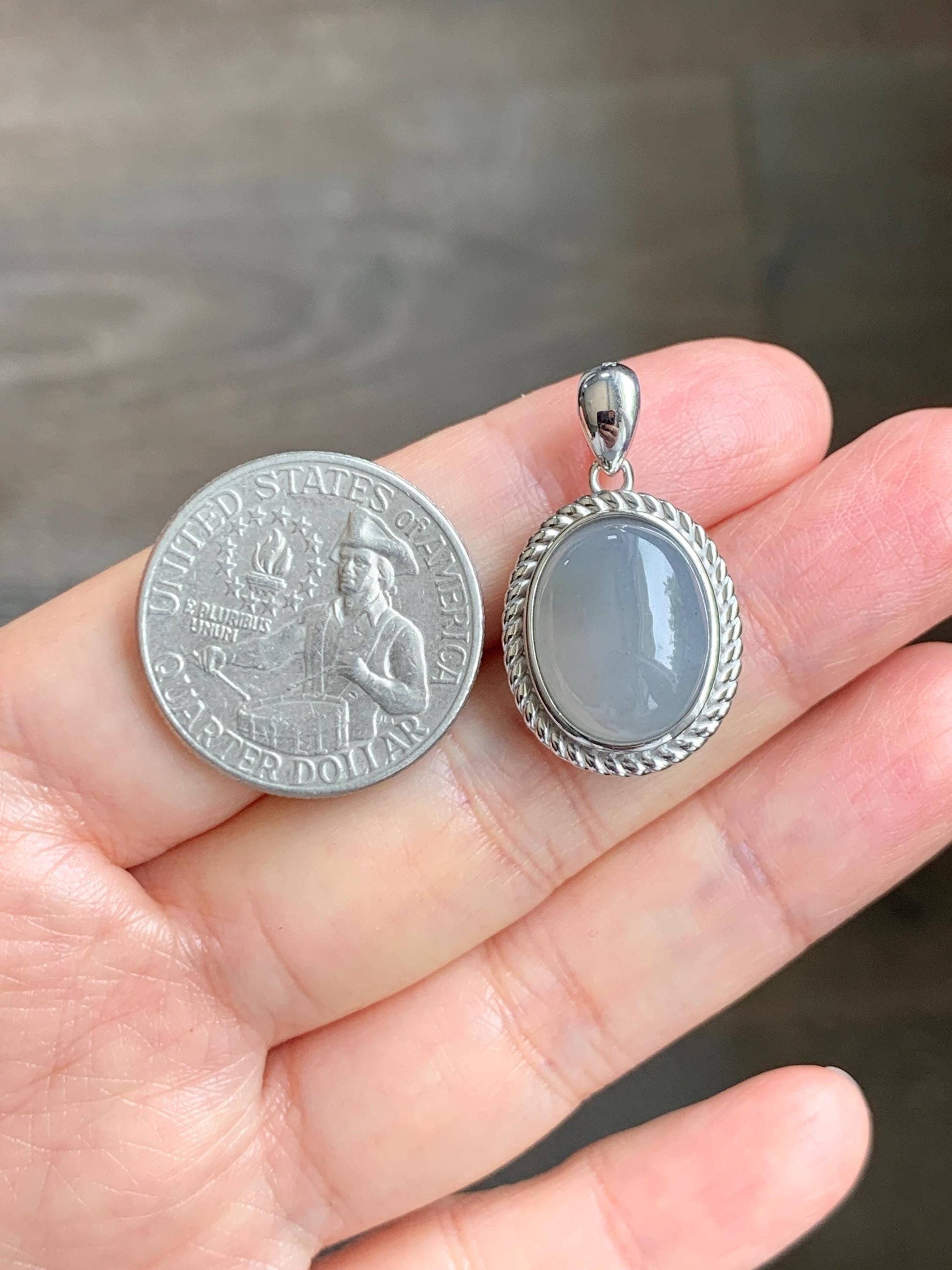 Certified Grade A Natural Icy Translucent Smoky Gray Greige Jade Jadeite Oval Pendant Sterling Silver Custom Design 5.75g 天然冰胶烟灰紫翡翠吊坠 219