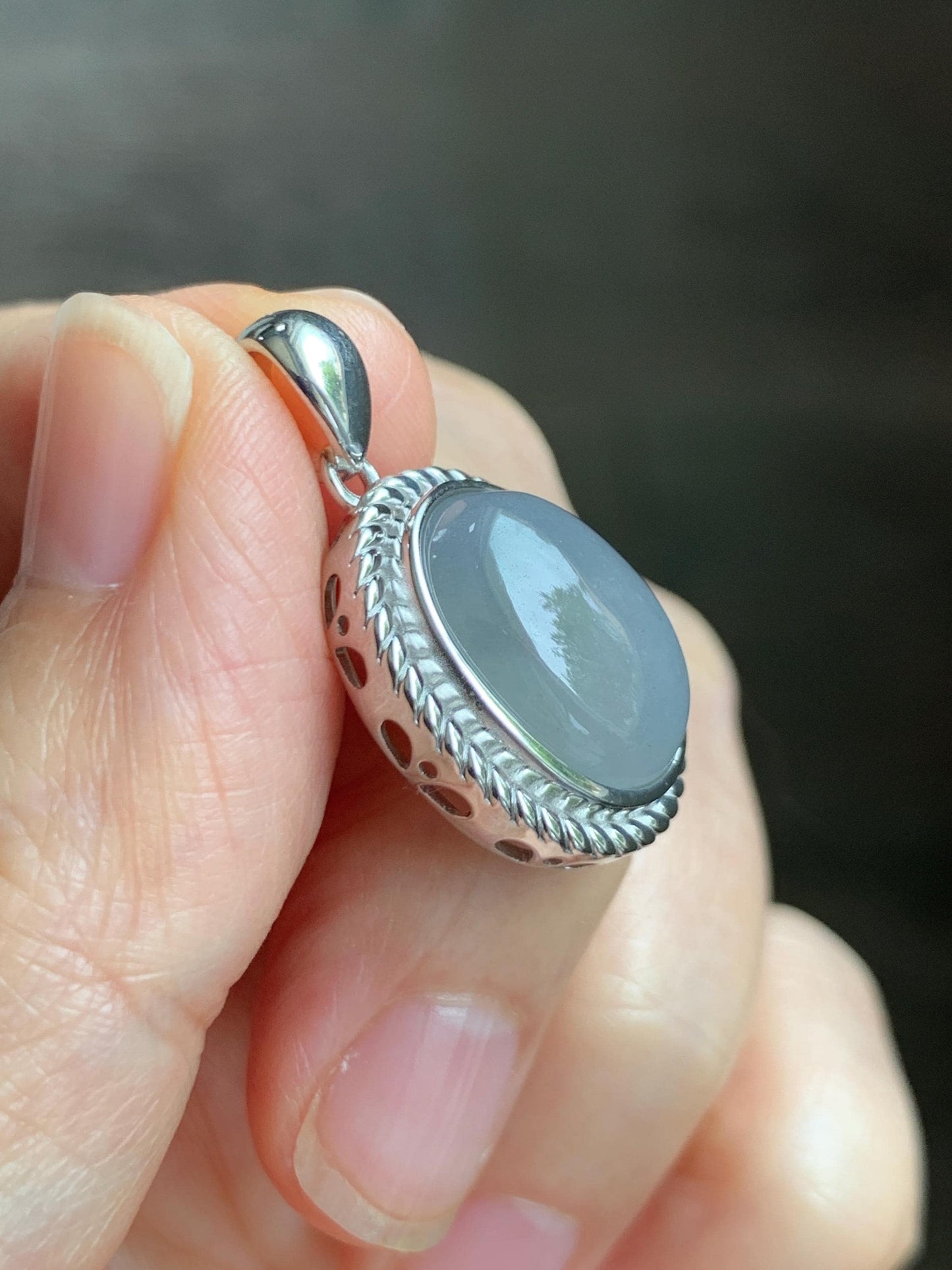 Certified Grade A Natural Icy Translucent Smoky Gray Greige Jade Jadeite Oval Pendant Sterling Silver Custom Design 5.75g 天然冰胶烟灰紫翡翠吊坠 219