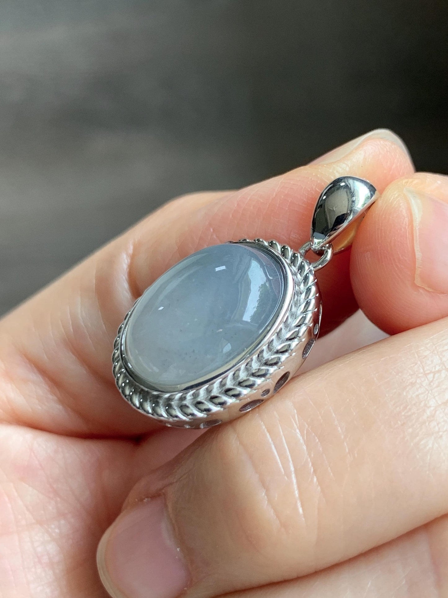 Certified Grade A Natural Icy Translucent Smoky Gray Greige Jade Jadeite Oval Pendant Sterling Silver Custom Design 5.75g 天然冰胶烟灰紫翡翠吊坠 219