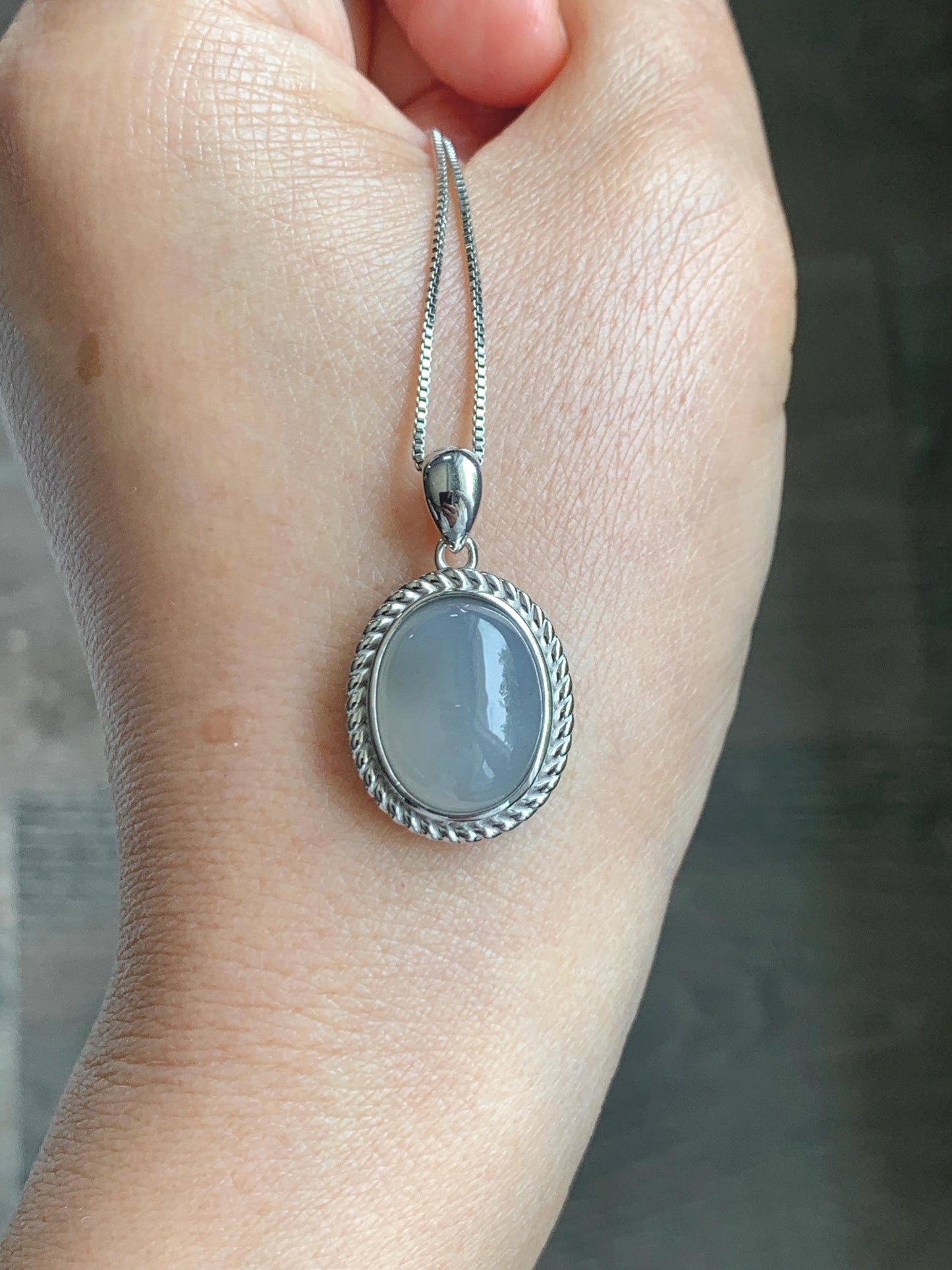 Certified Grade A Natural Icy Translucent Smoky Gray Greige Jade Jadeite Oval Pendant Sterling Silver Custom Design 5.75g 天然冰胶烟灰紫翡翠吊坠 219