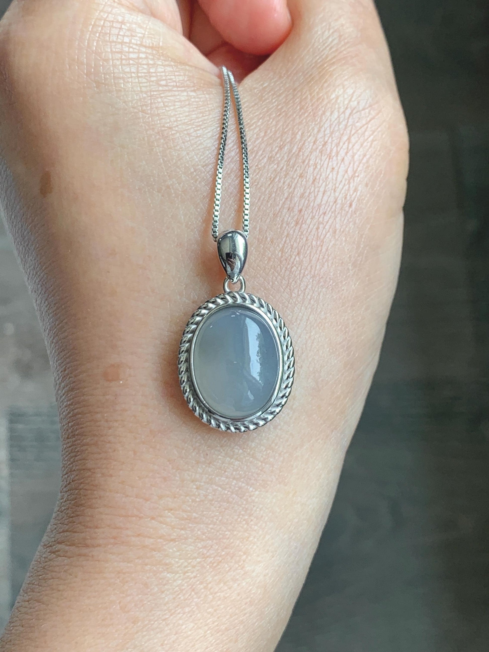 Certified Grade A Natural Icy Translucent Smoky Gray Greige Jade Jadeite Oval Pendant Sterling Silver Custom Design 5.75g 天然冰胶烟灰紫翡翠吊坠 219