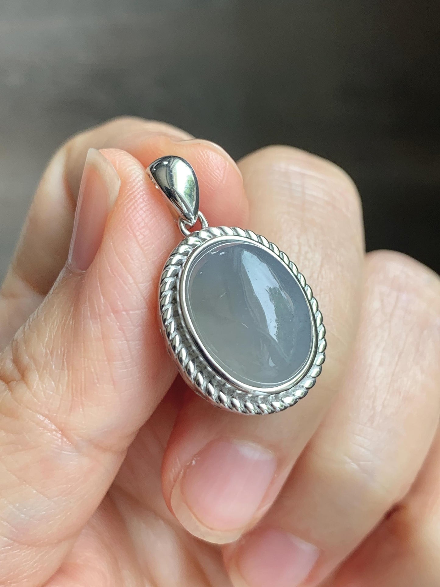 Certified Grade A Natural Icy Translucent Smoky Gray Greige Jade Jadeite Oval Pendant Sterling Silver Custom Design 5.75g 天然冰胶烟灰紫翡翠吊坠 219