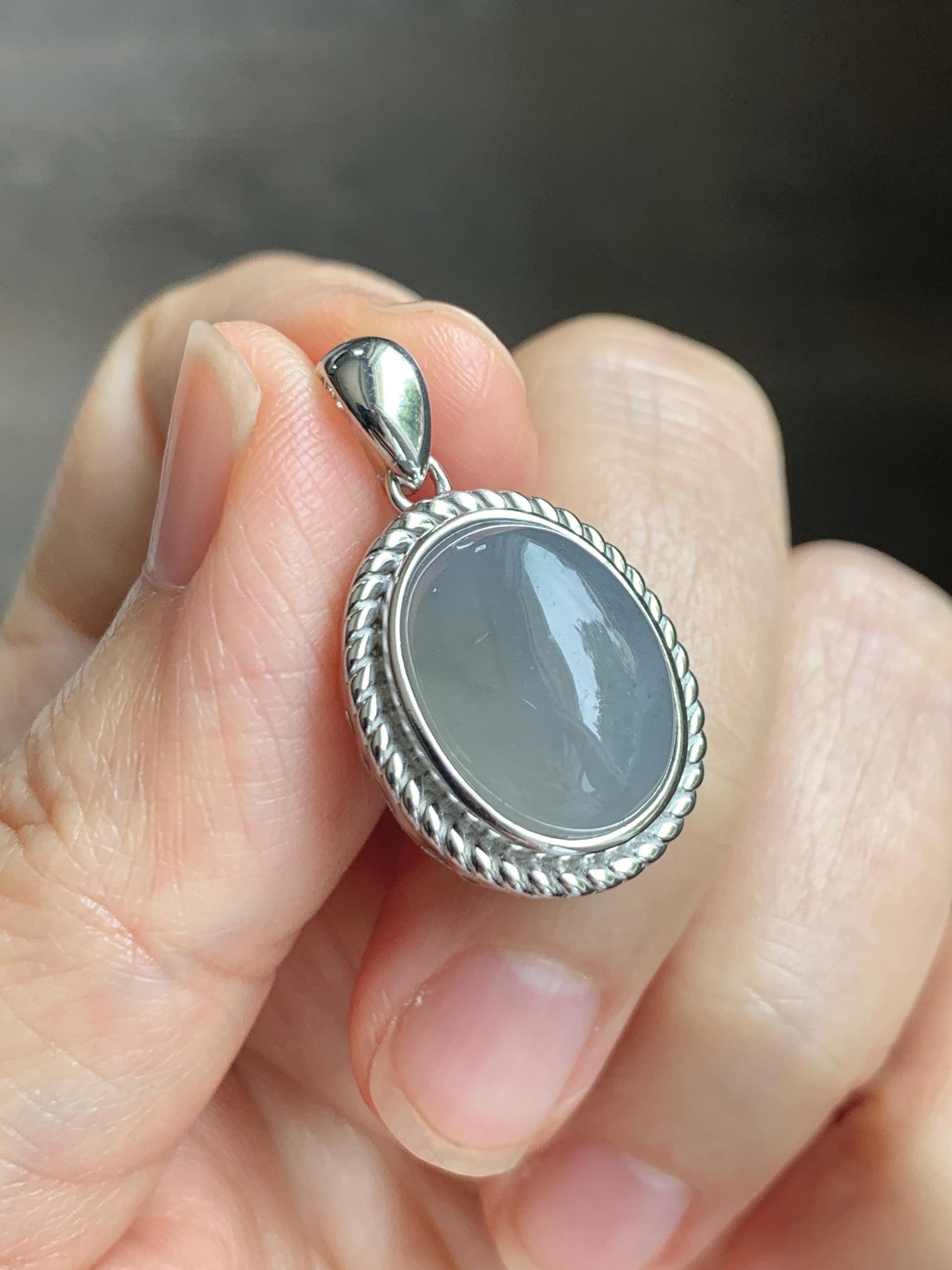 Certified Grade A Natural Icy Translucent Smoky Gray Greige Jade Jadeite Oval Pendant Sterling Silver Custom Design 5.75g 天然冰胶烟灰紫翡翠吊坠 219