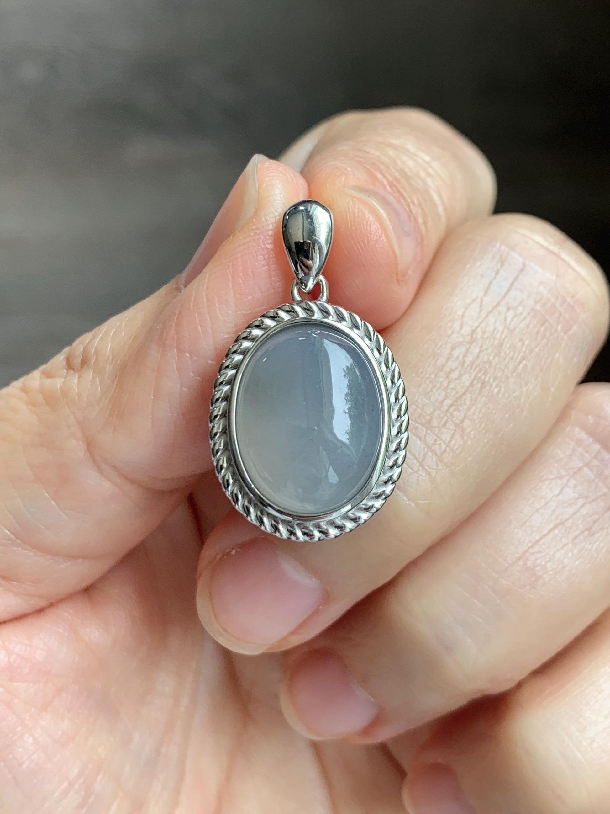 Certified Grade A Natural Icy Translucent Smoky Gray Greige Jade Jadeite Oval Pendant Sterling Silver Custom Design 5.75g 天然冰胶烟灰紫翡翠吊坠 219