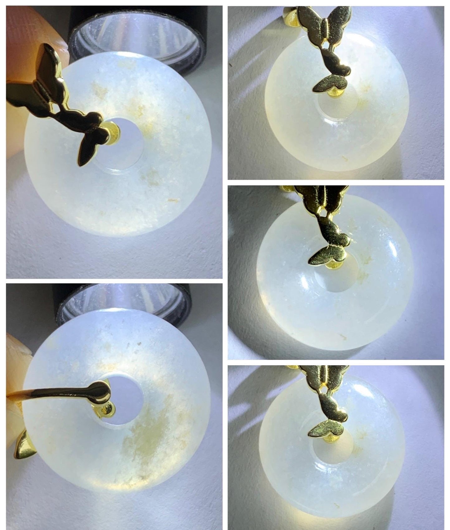 Grade A Natural Icy Highly Translucent White Beige Marbled Jade Jadeite Ping An Kou Donut Ring Pendant Sterling Silver 天然白冰胶翡翠平安扣吊坠 MBQ160J