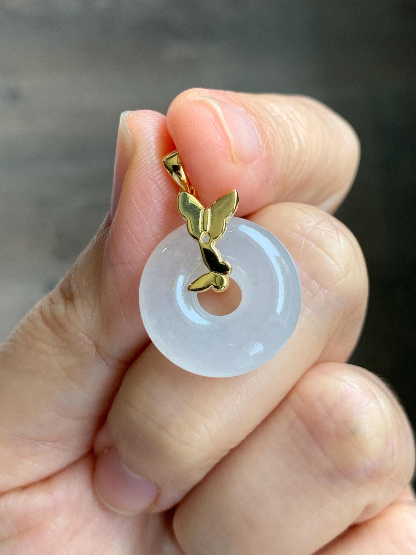 Grade A Natural Icy Highly Translucent White Beige Marbled Jade Jadeite Ping An Kou Donut Ring Pendant Sterling Silver 天然白冰胶翡翠平安扣吊坠 MBQ160J